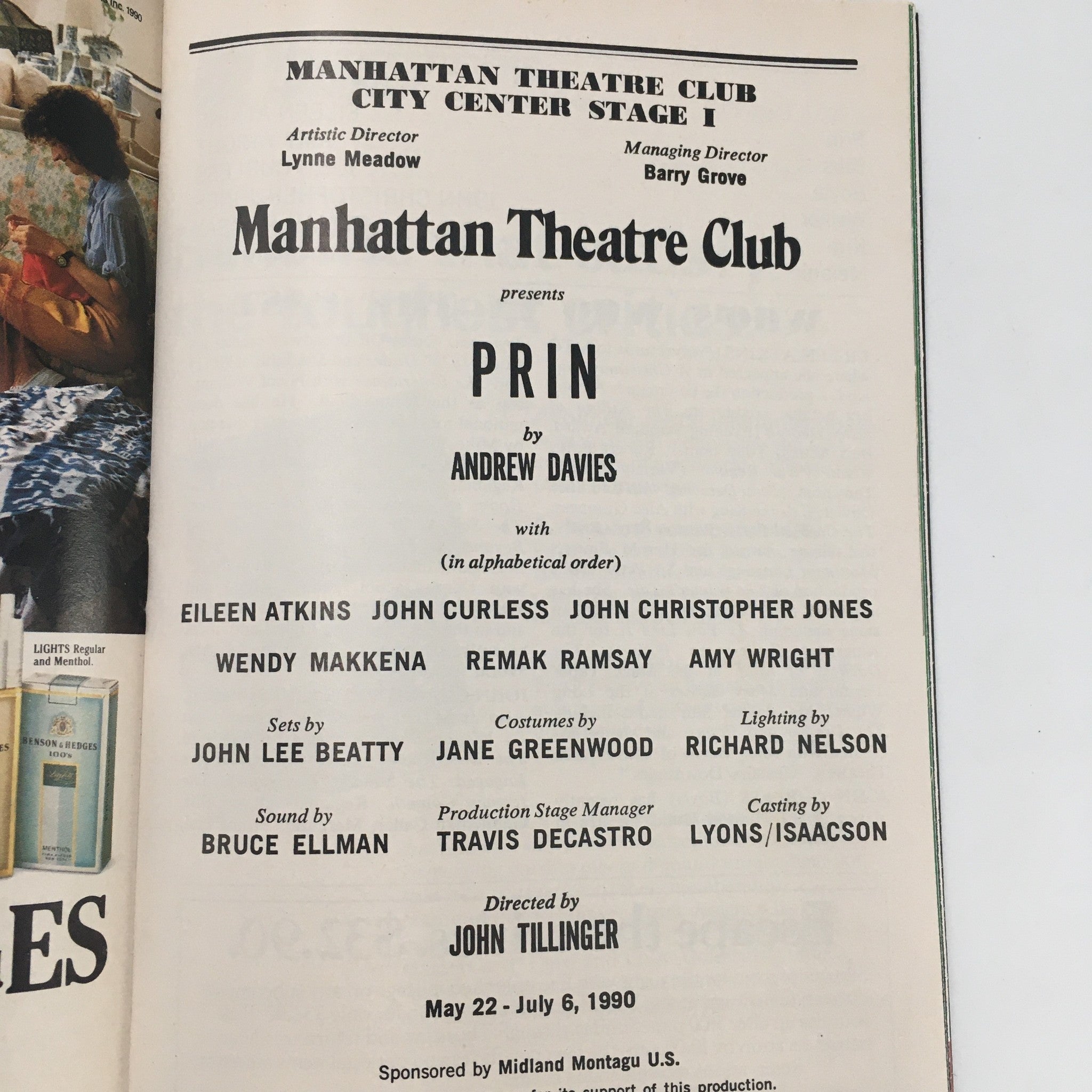 1990 Playbill Manhattan Theatre Club City Center Stage I ‘Prin’ by Andrew Davies