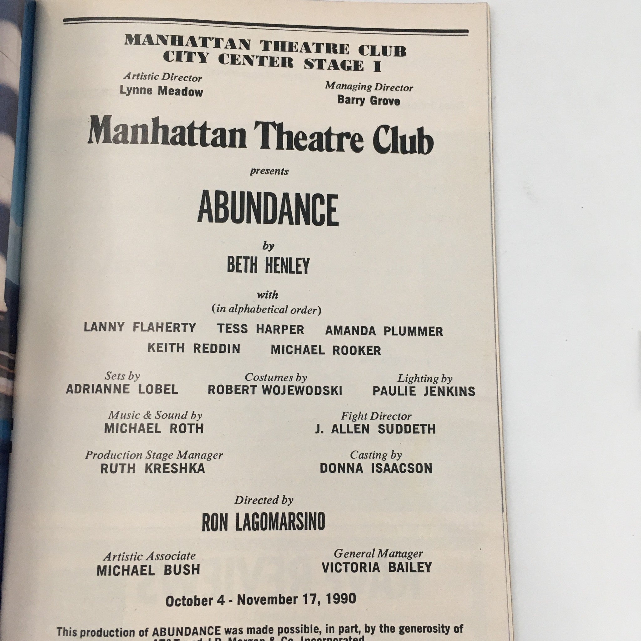 1990 Playbill Manhattan Theatre Club ‘Abundance’ by Beth Henley, Ron Lagomarsino