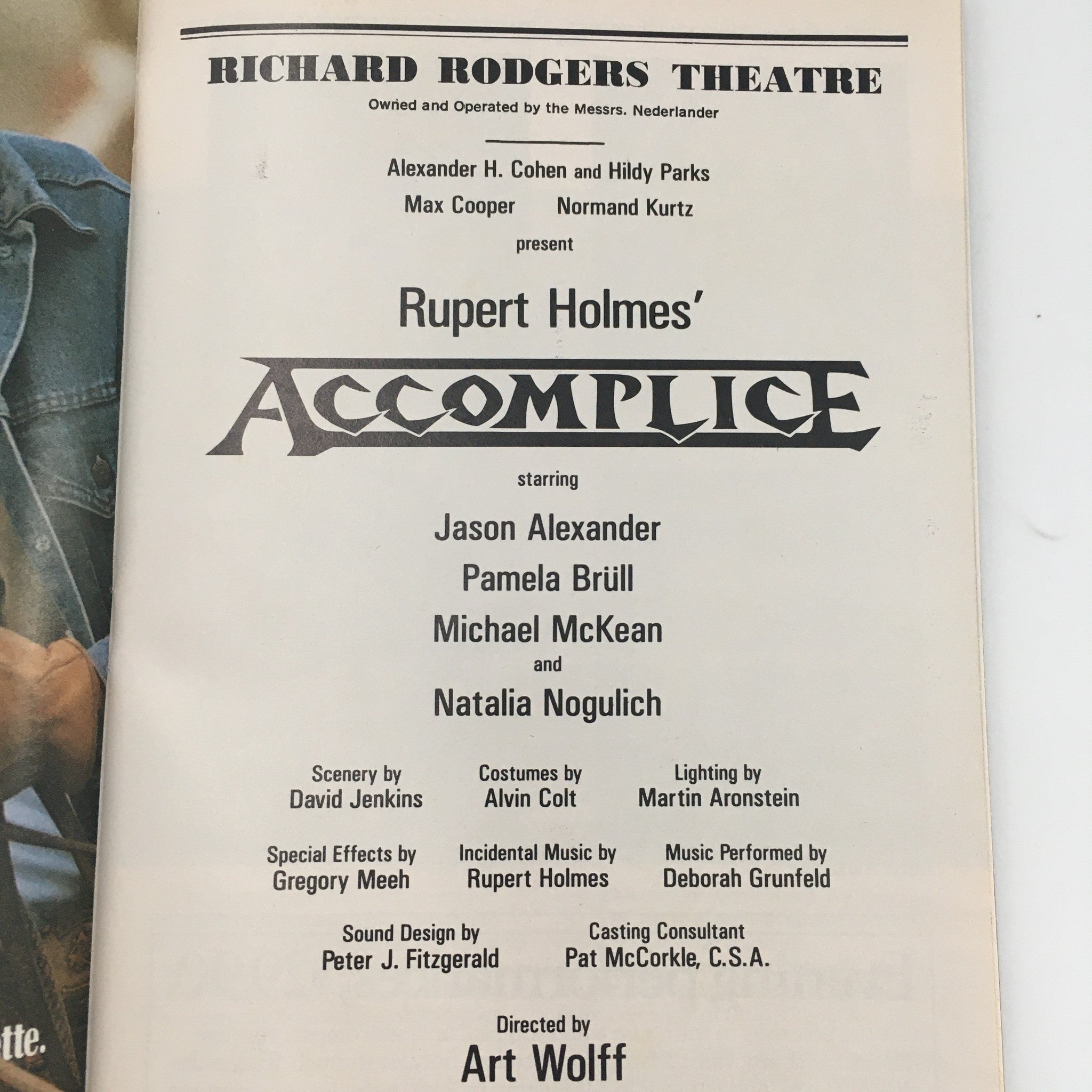 1990 Playbill Richard Rodgers Theatre ‘Accomplice’ by Rupert Holmes