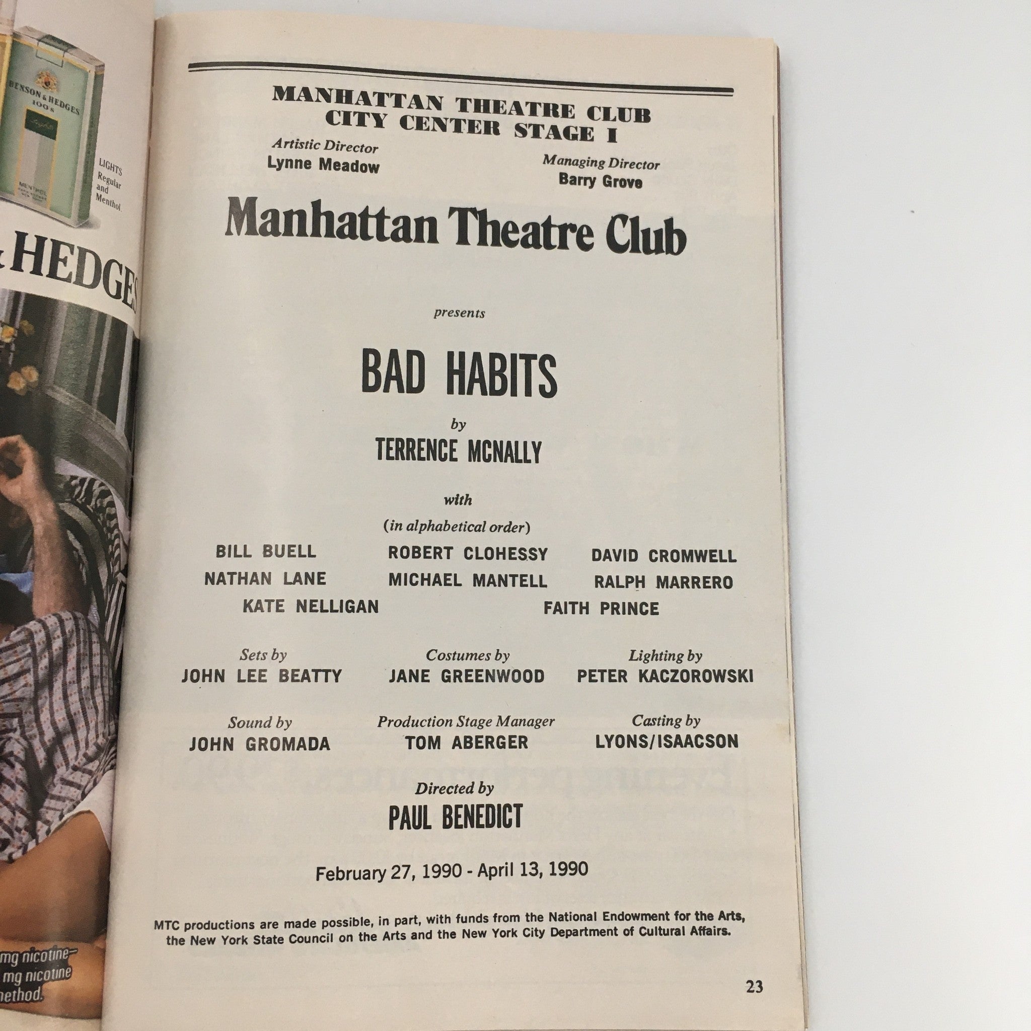 1990 Playbill Manhattan Theatre Club ‘Bad Habits’ by Terrence McNally