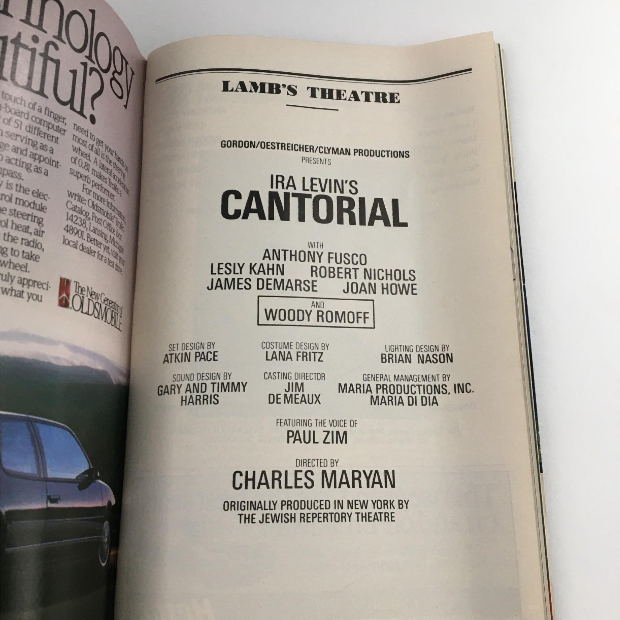 1989 Playbill Cantorial by Lamb's Theater, Ira Levin, Charles Maryan