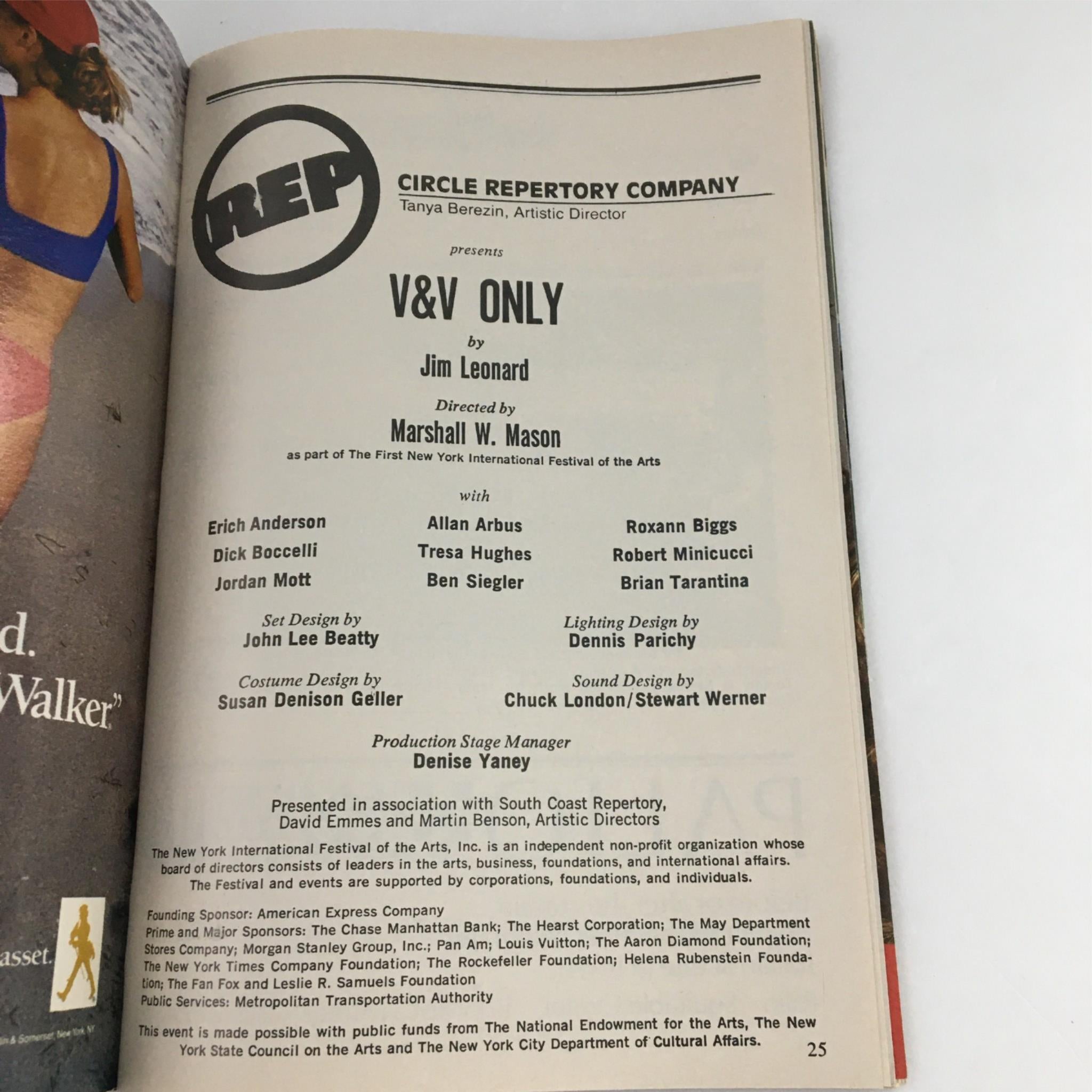 1988 Playbill V&V Only by Circle Repertory Company Jim Leonard, Marshall Mason