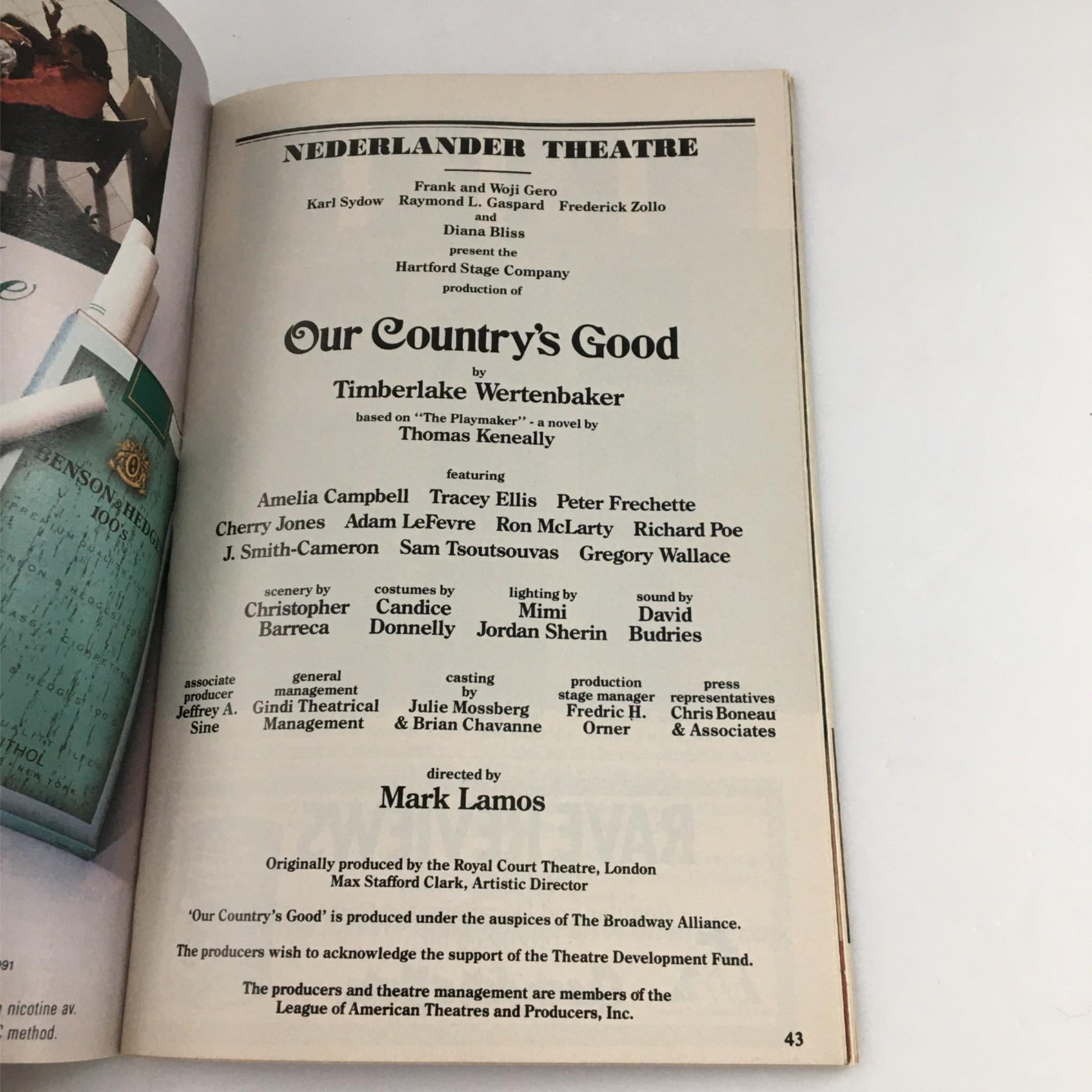 1991 Playbill Our Country's Good by Nederlander Theatre, Mark Lamos