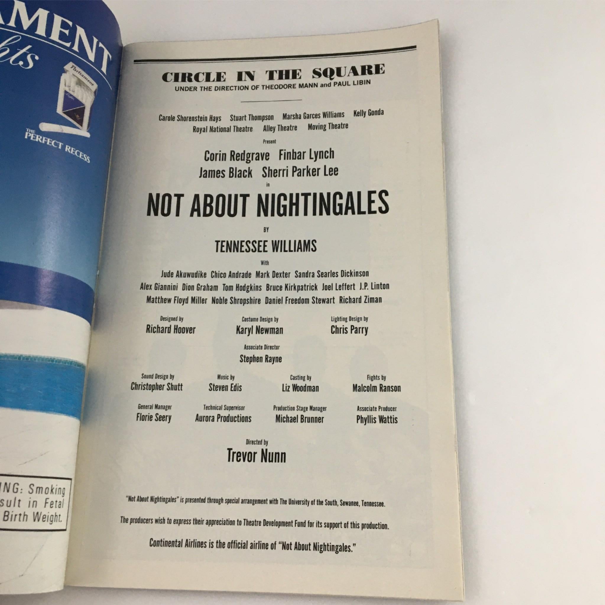 1999 Playbill Not About Nightingales by Circle in the Square, Tennessee Williams