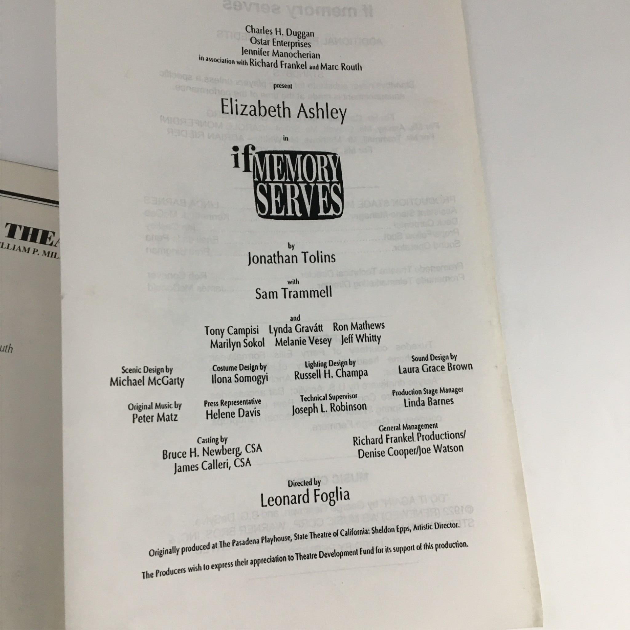 1999 Playbill If Memory Serves by Promenade Theater Jonathan Tolins Sam Trammell