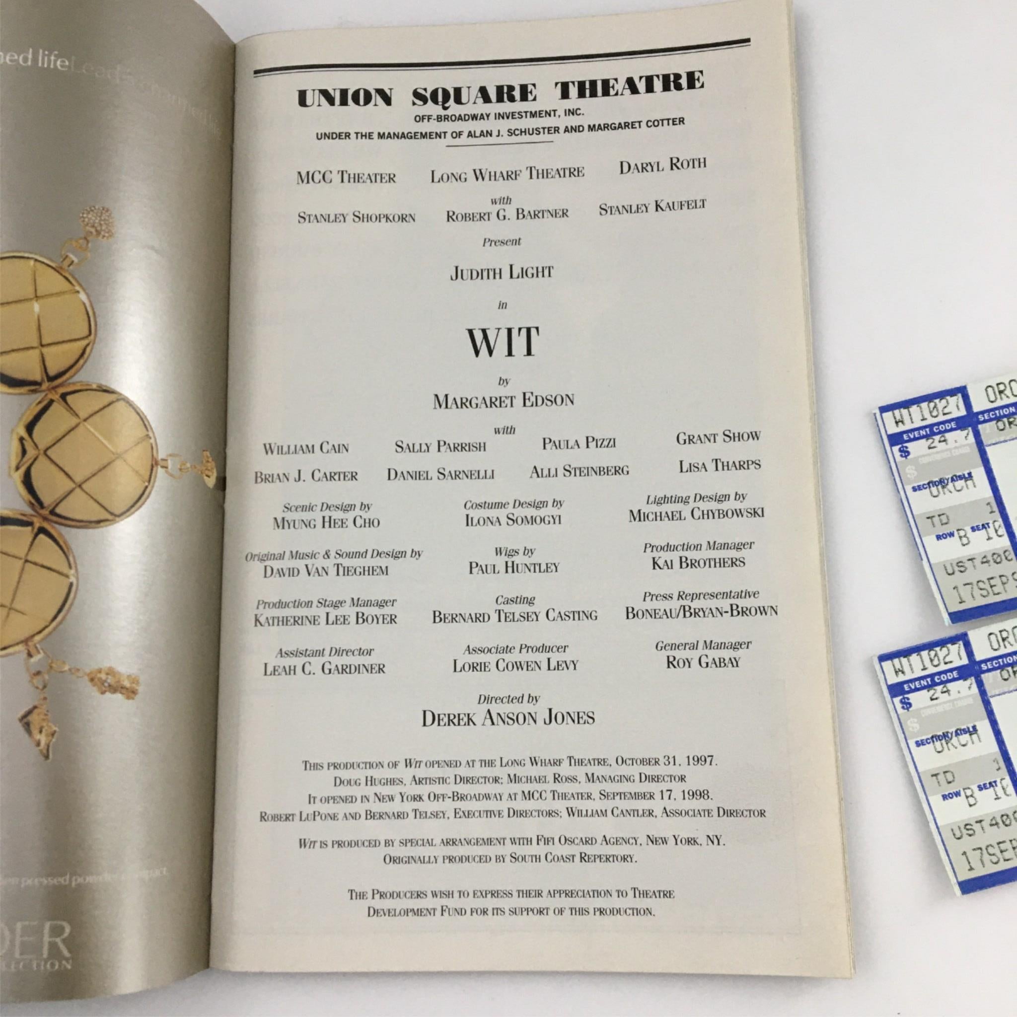 1999 Playbill Wit (W;t) by Union Square Theatre Judith Light Margaret Edson