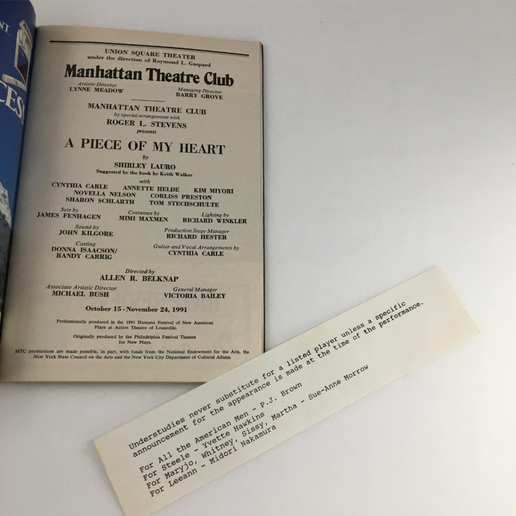 1991 Playbill A Piece of my Heart by Manhattan Theatre Club Roger Stevens