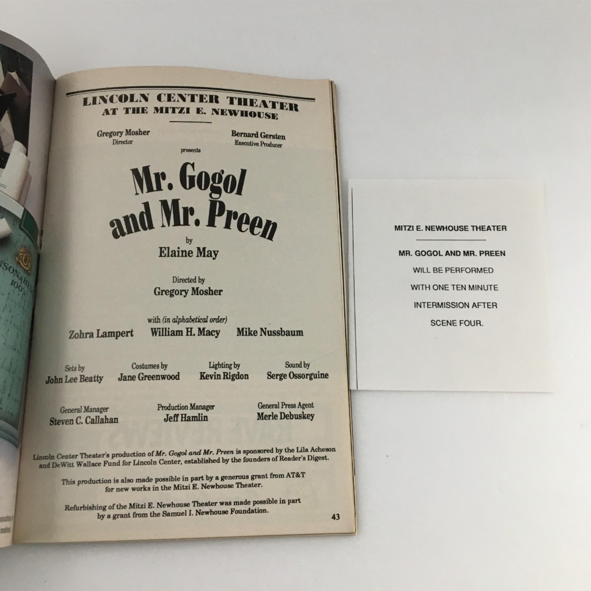 1991 Playbill Mr. Gogol and Mr. Preen by Lincoln Center Theater Elaine May