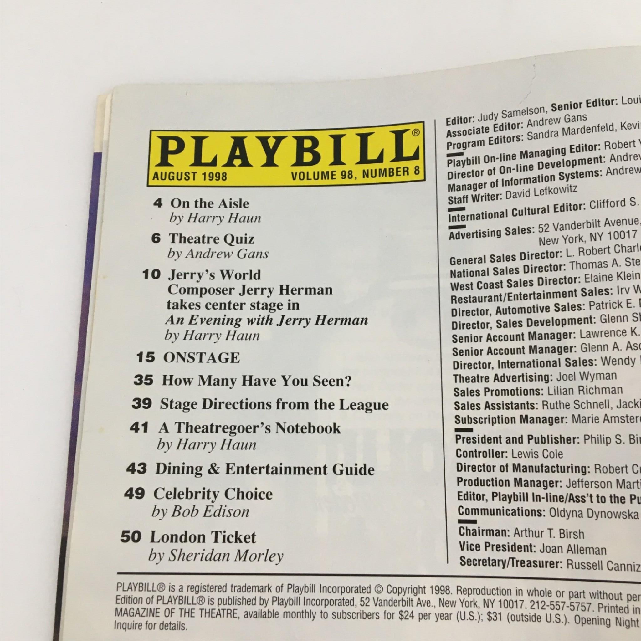 1998 Playbill The Judas Kiss by Broadhurst Theatre Liam Neeson, David Hare