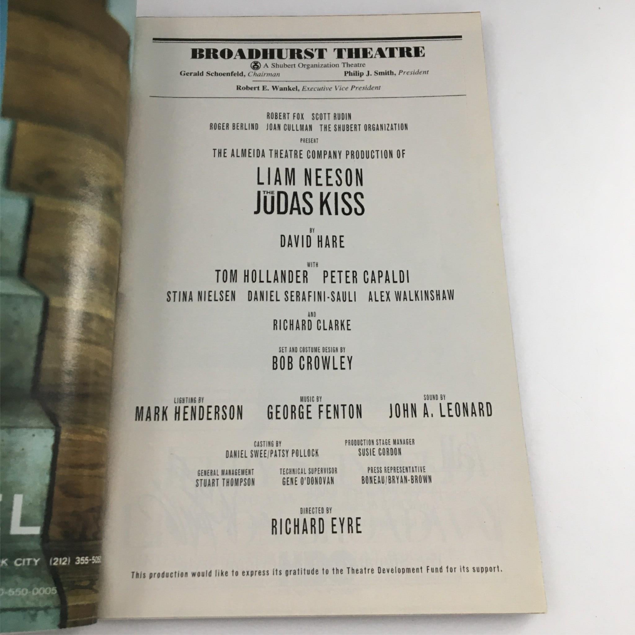 1998 Playbill The Judas Kiss by Broadhurst Theatre Liam Neeson, David Hare