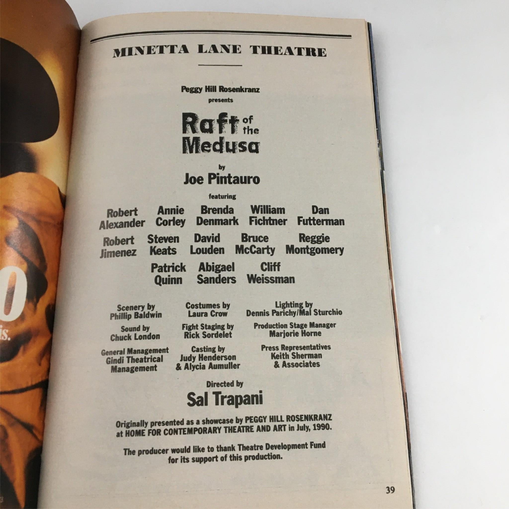 1991 Playbill Raft of the Medusa by Minetta Lane Theatre Joen Pintauro