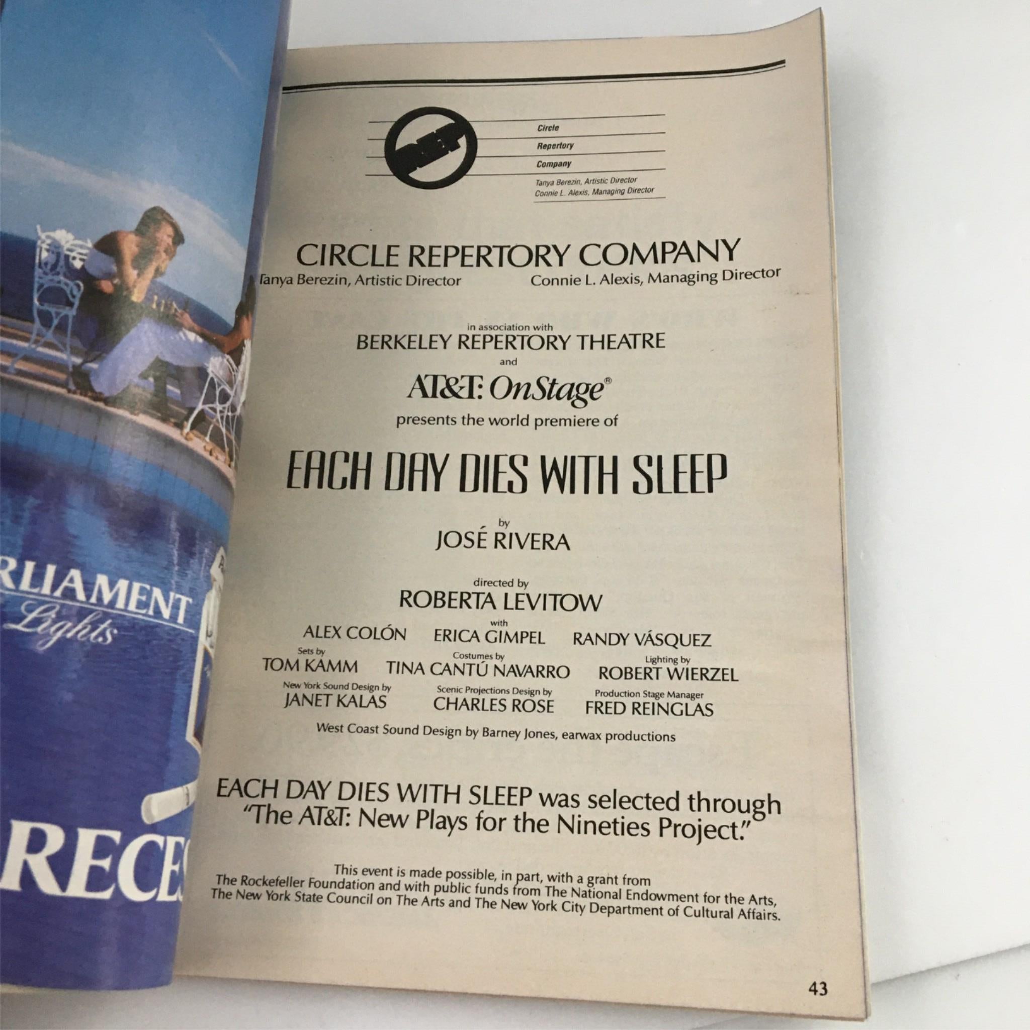 1990 Playbill Each Day Dies with Sleep by Circle Repertory Company Jose Rivera