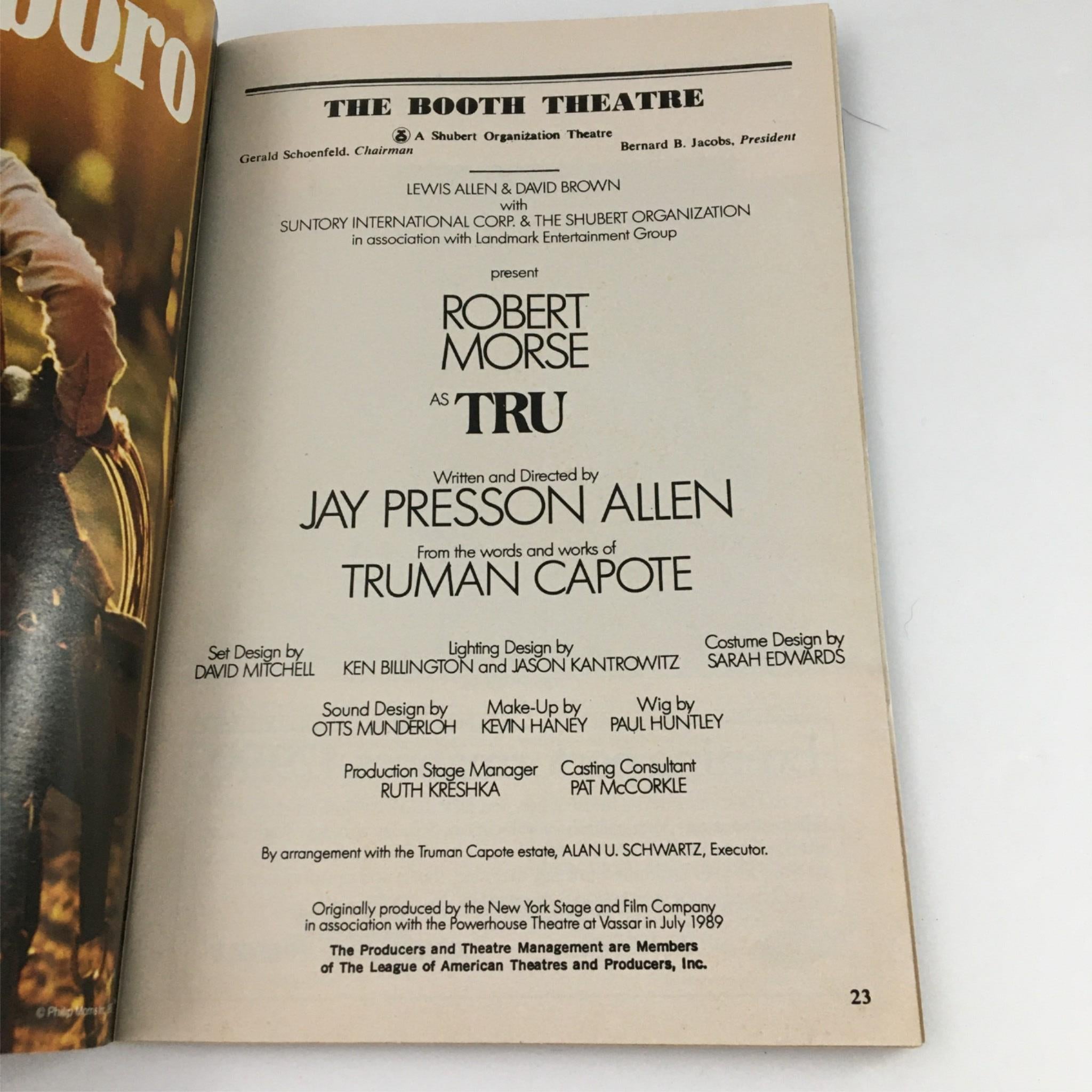 1990 Playbill Tru by The Booth Theatre, Robert Morse, Jay Presson Allen