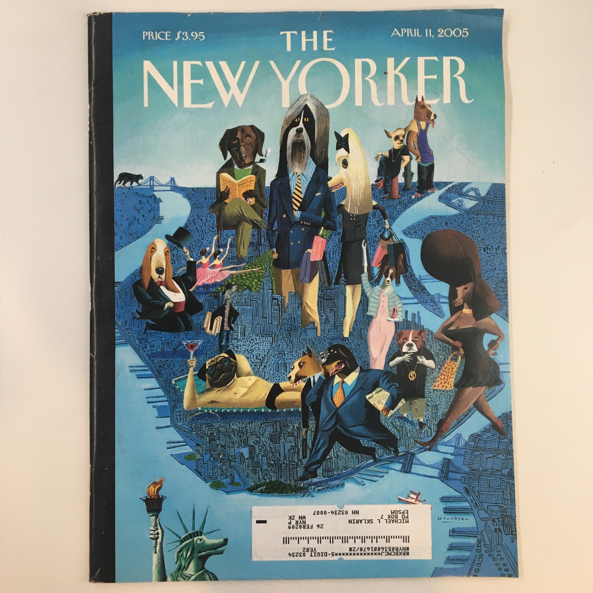 Cover of The New Yorker magazine, April 11, 2005, featuring 'City Dogs' artwork by Mark Ulriksen, depicting an urban scene with dogs in human attire.