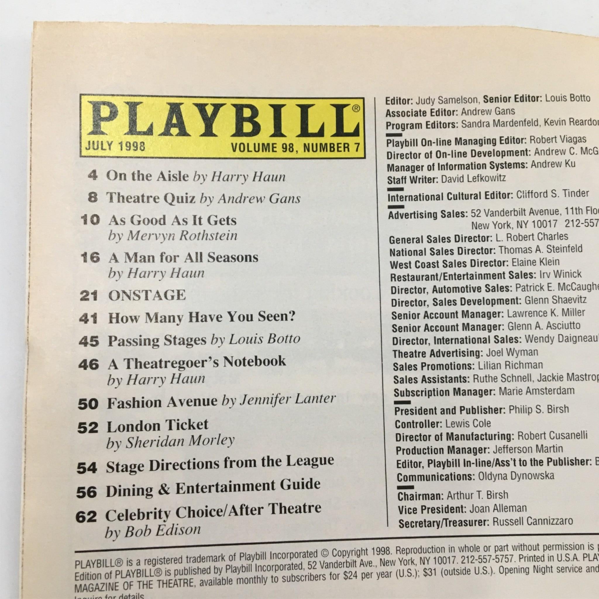 1998 Playbill Twelfth Night by Lincoln Center Theater at the Vivan Beaumont