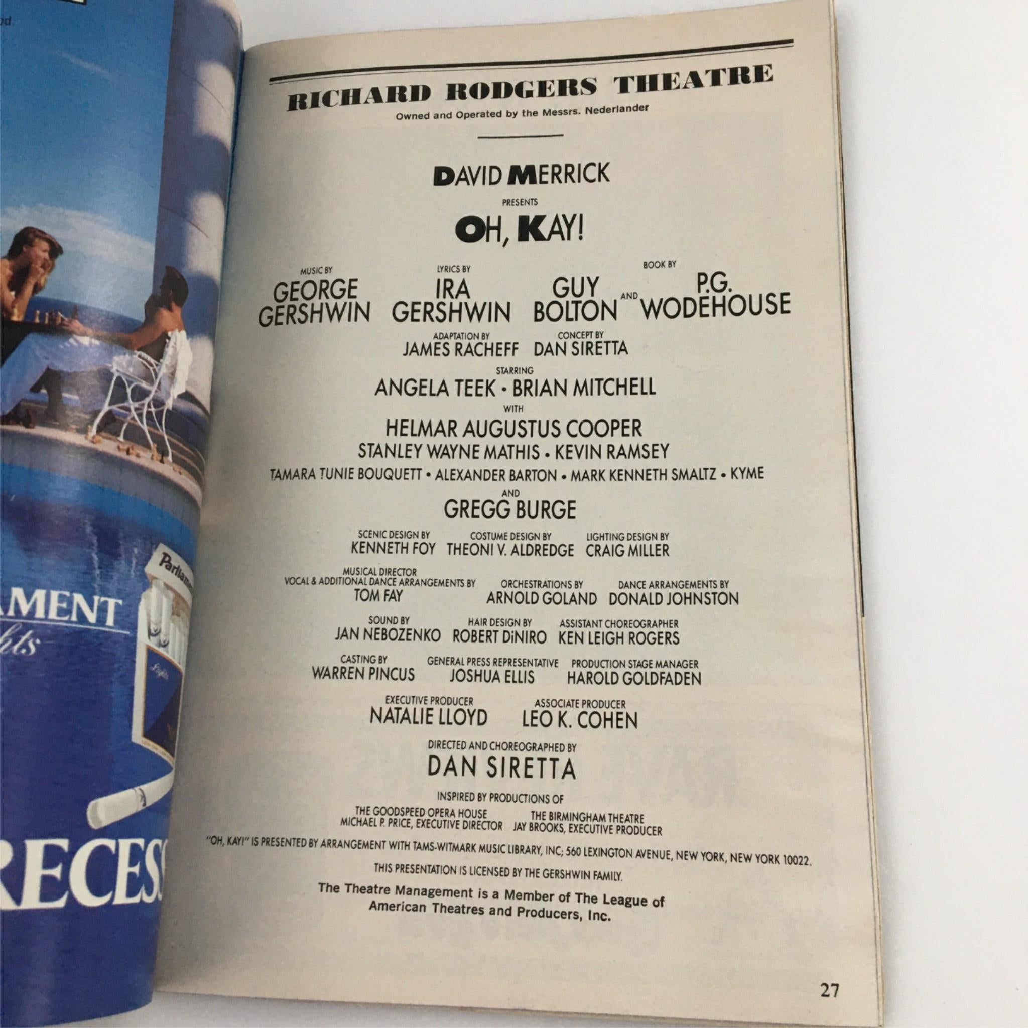 1990 Playbill Oh, Kay! by Richard Rogers Theater, David Merrick, Dan Siretta