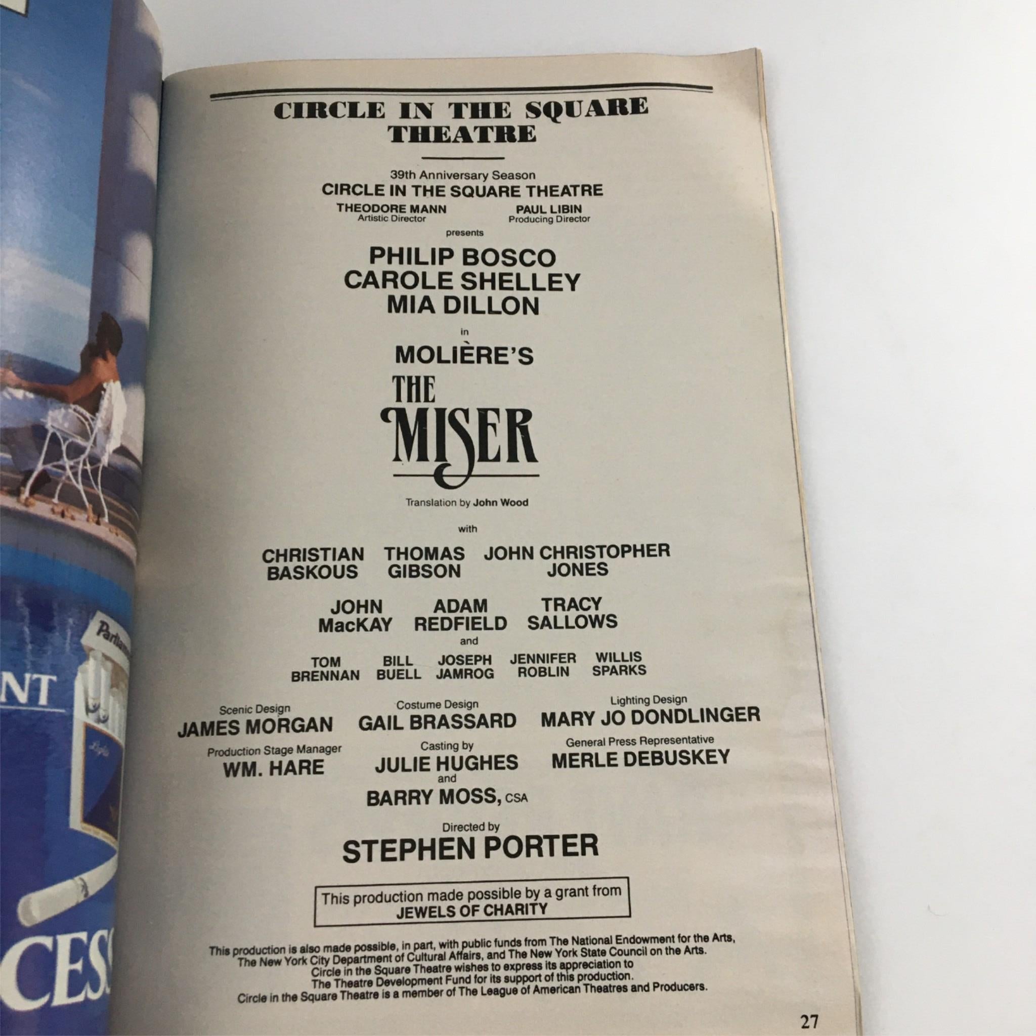 1990 Playbill The Miser by Circle in the SquareTheater, Moliere, Philip Bosco