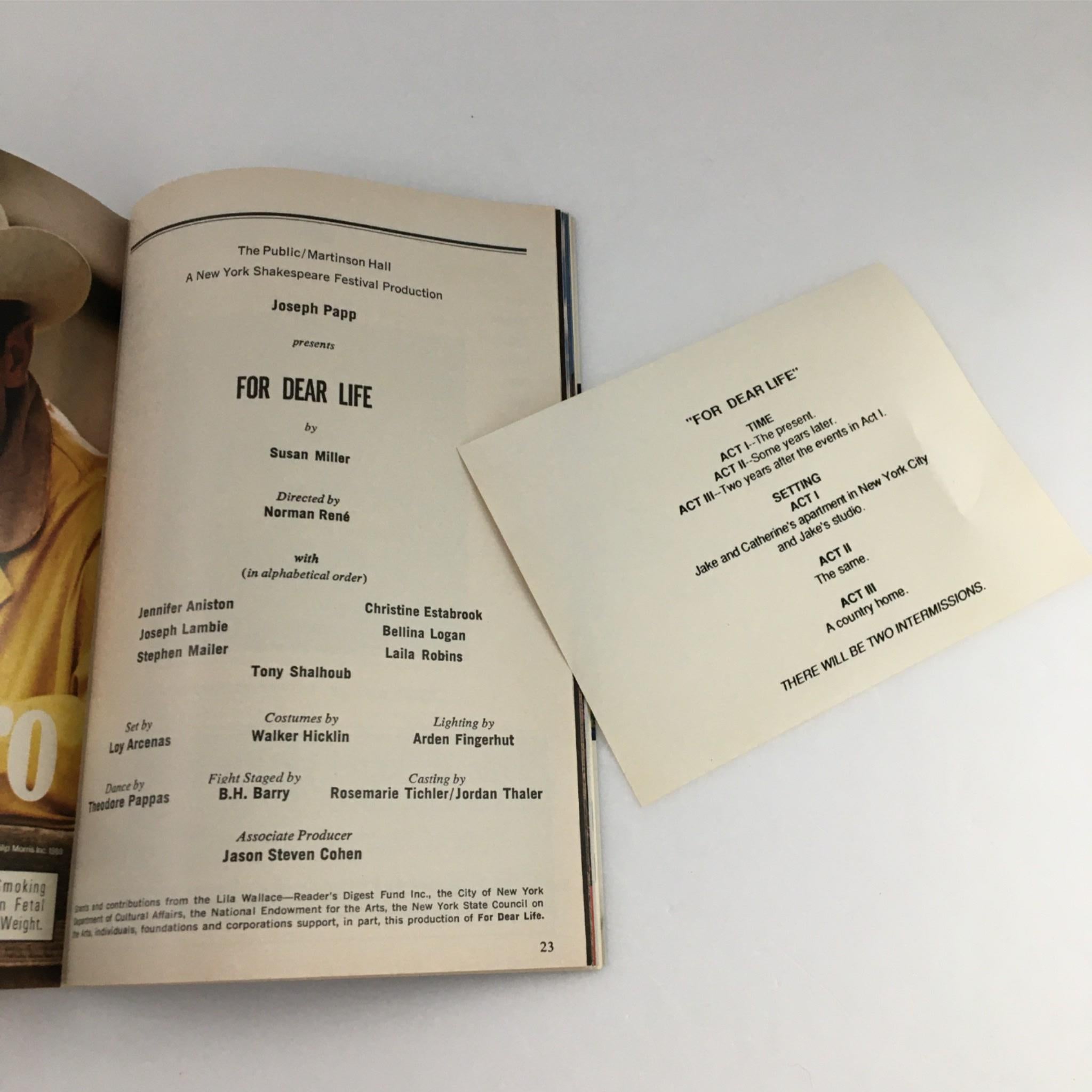 1989 Playbill For Dear Life by New York Shakespeare Festival Public Theater