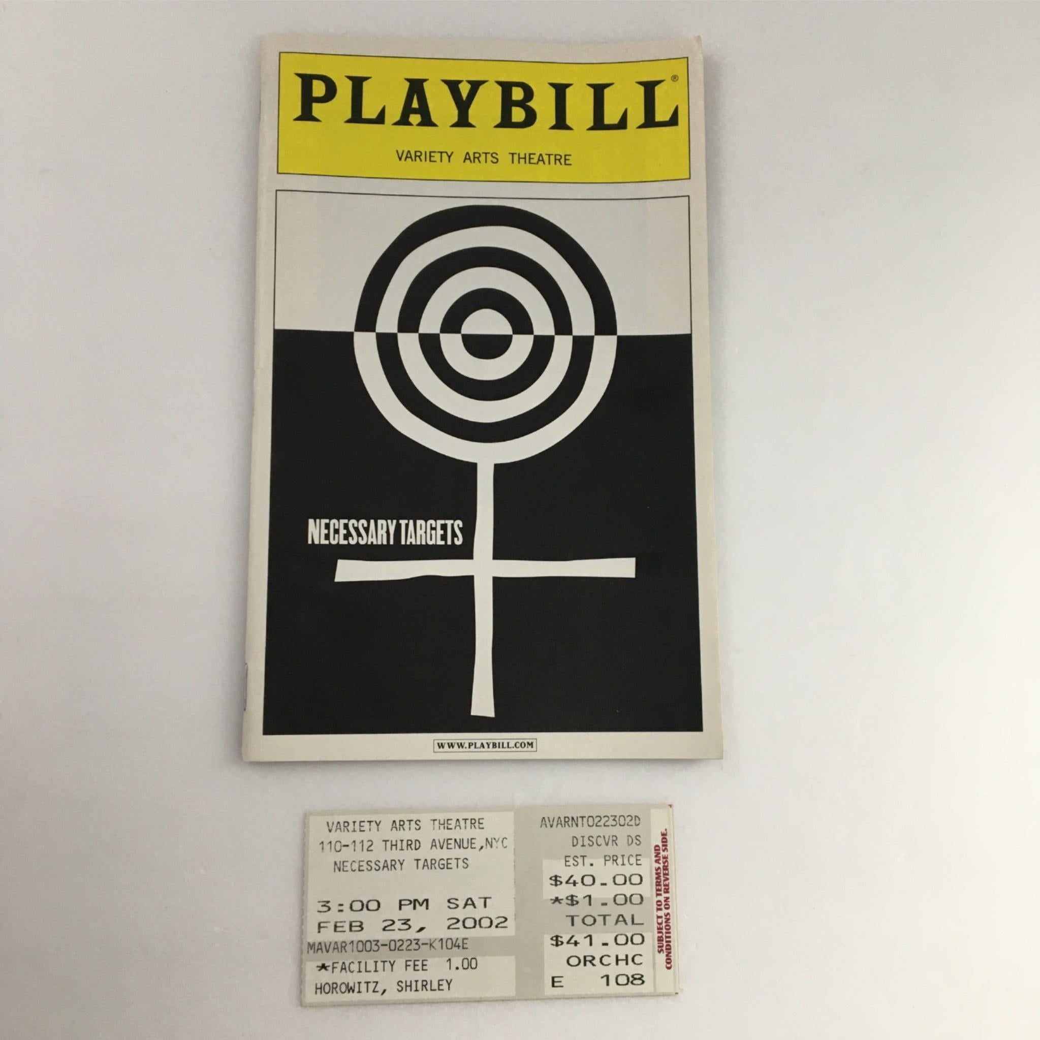 2002 Playbill Necessary Targets by Variety Arts Theatre, Eve Ensler