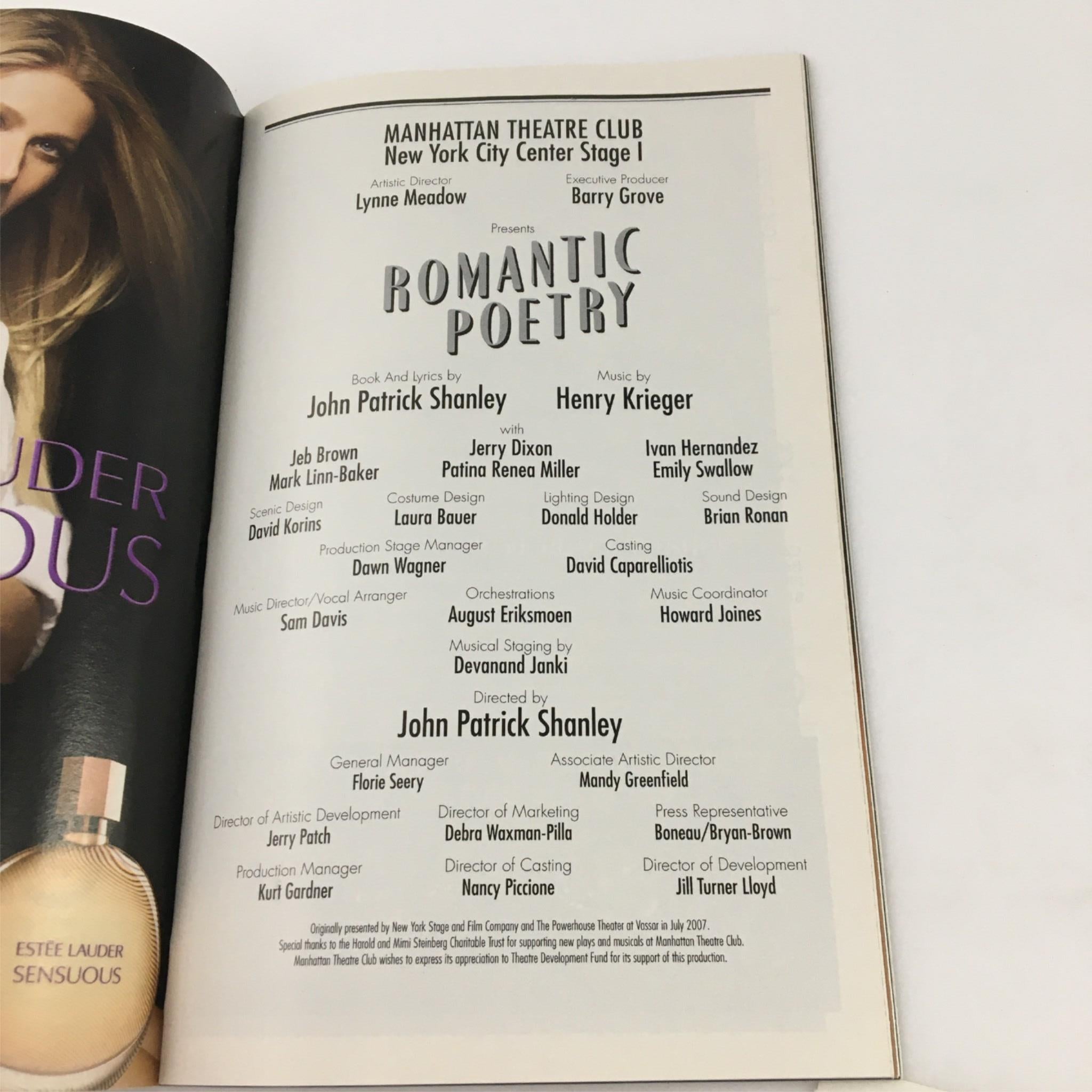 2008 Playbill Romantic Poetry by Manhattan Theatre Club, John Patrick Shanley