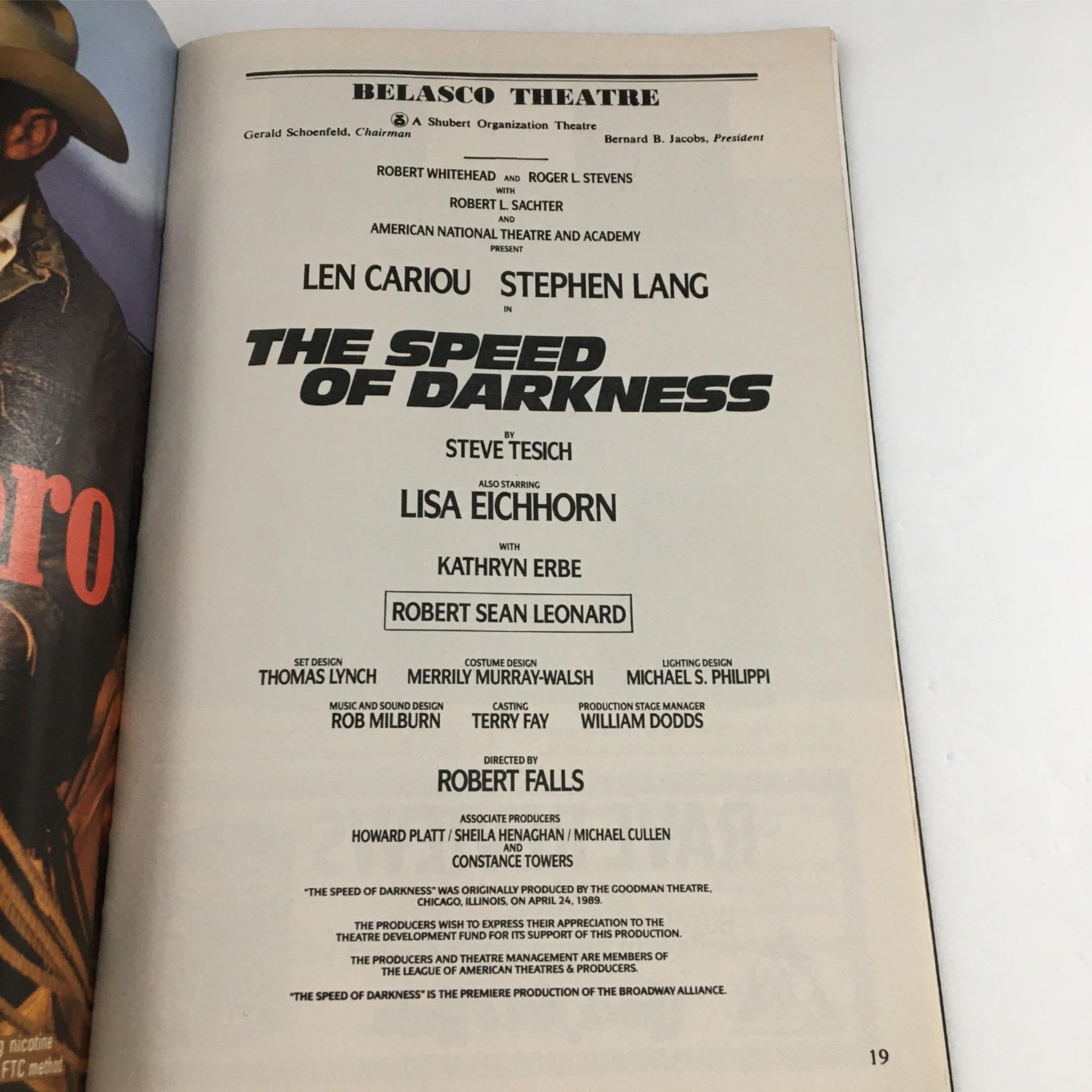 1991 Playbill The Speed of Darkness by Belasco Theatre, Steve Tesich