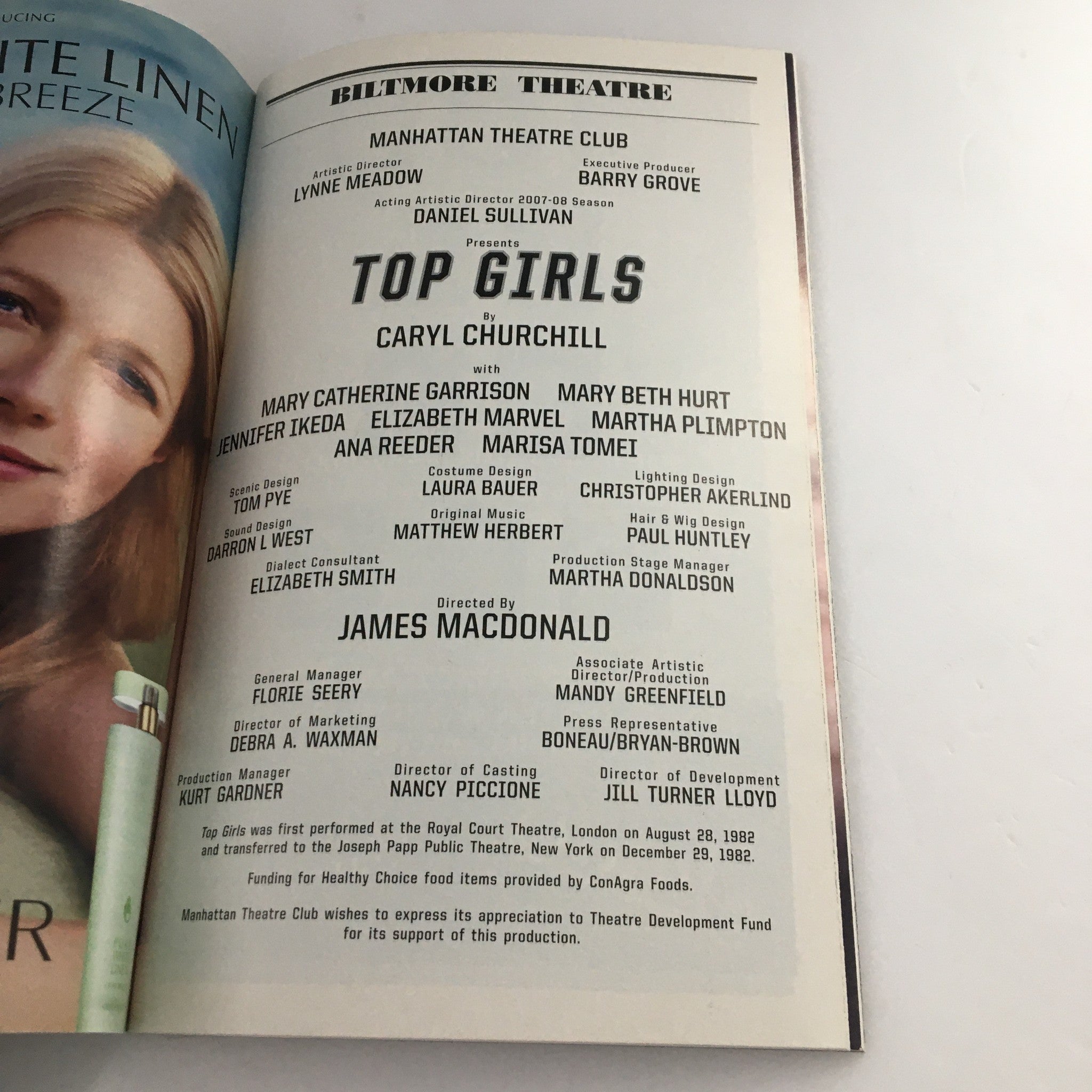 2008 Playbill Biltmore Theatre 'Top Girls' Mary Beth Hurt, Martha Plimpton