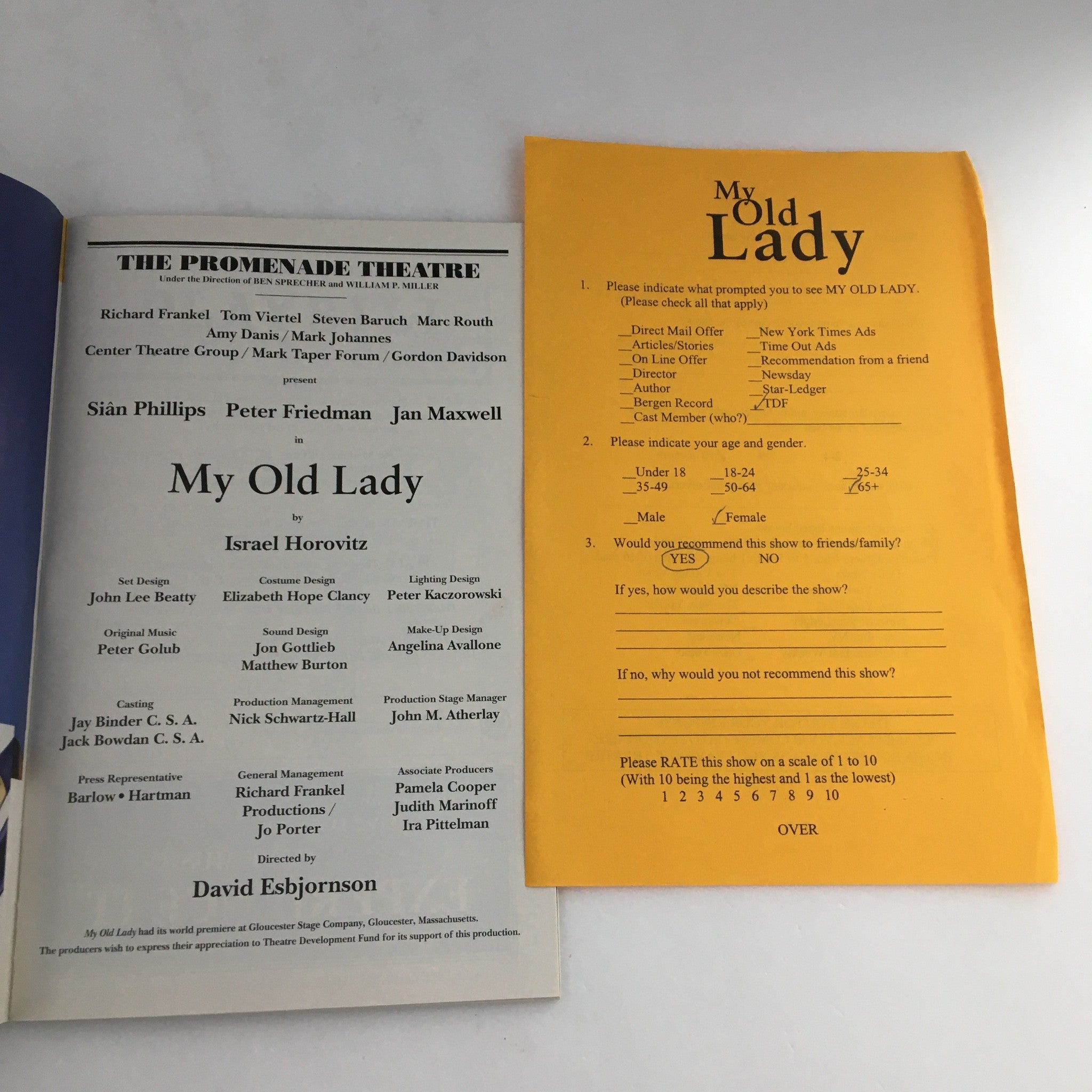 2002 Playbill Promenade Theatre 'My Old Lady' Sian Phillips, Peter Friedman