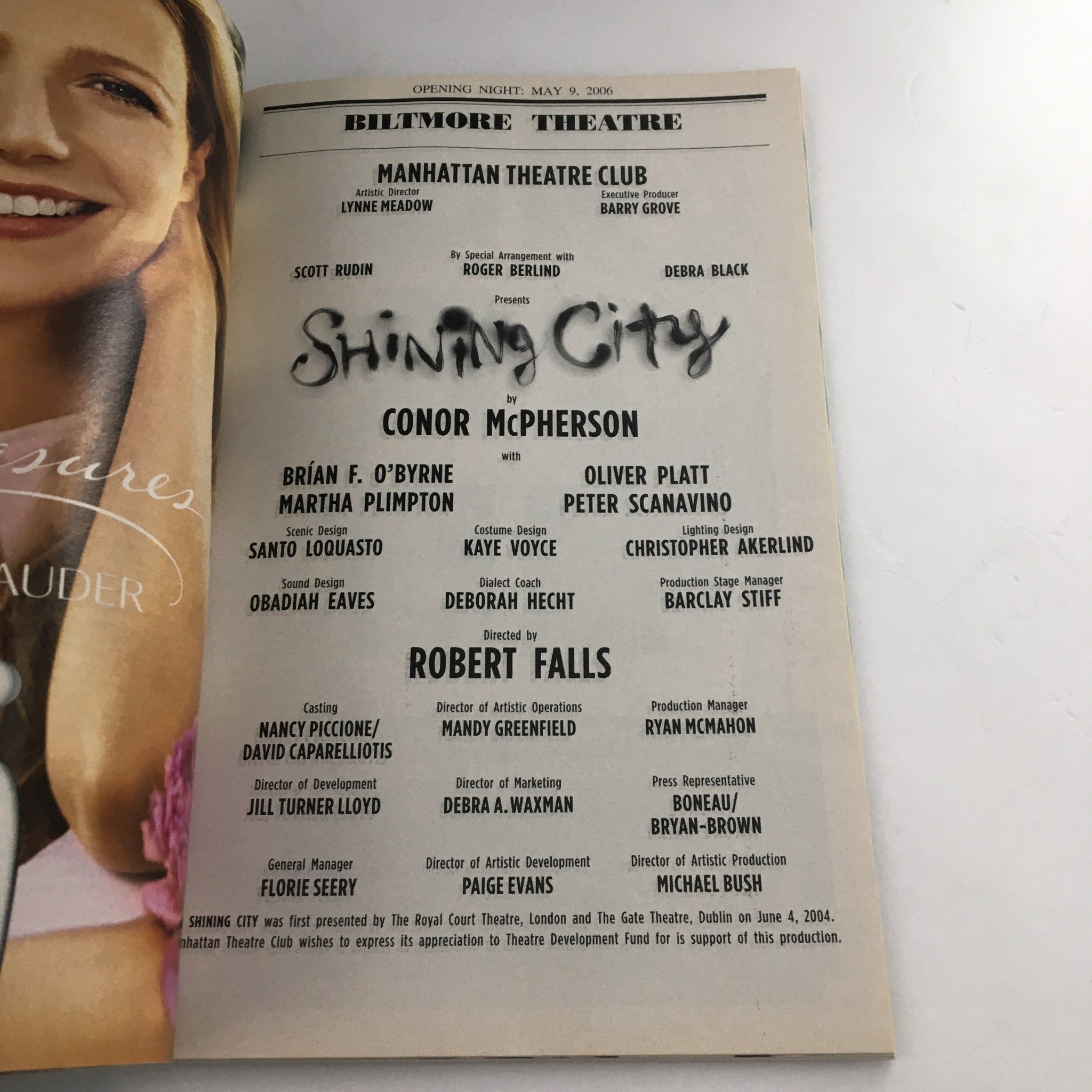 2006 Playbill Biltmore Theatre 'Shining City' Scott Rudin and Debra Black