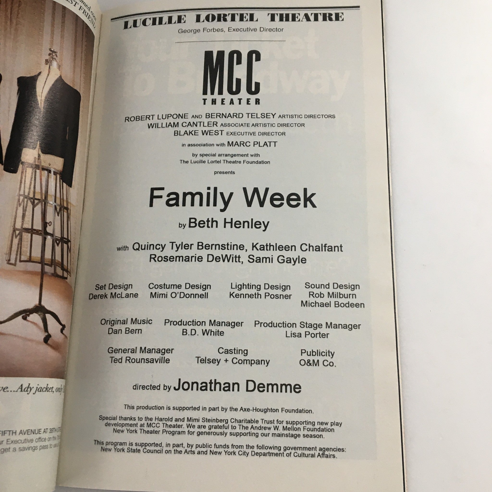 2010 Playbill Lucille Lortel Theatre 'Family Week' Samy Gayle, Rosemarie DeWitt