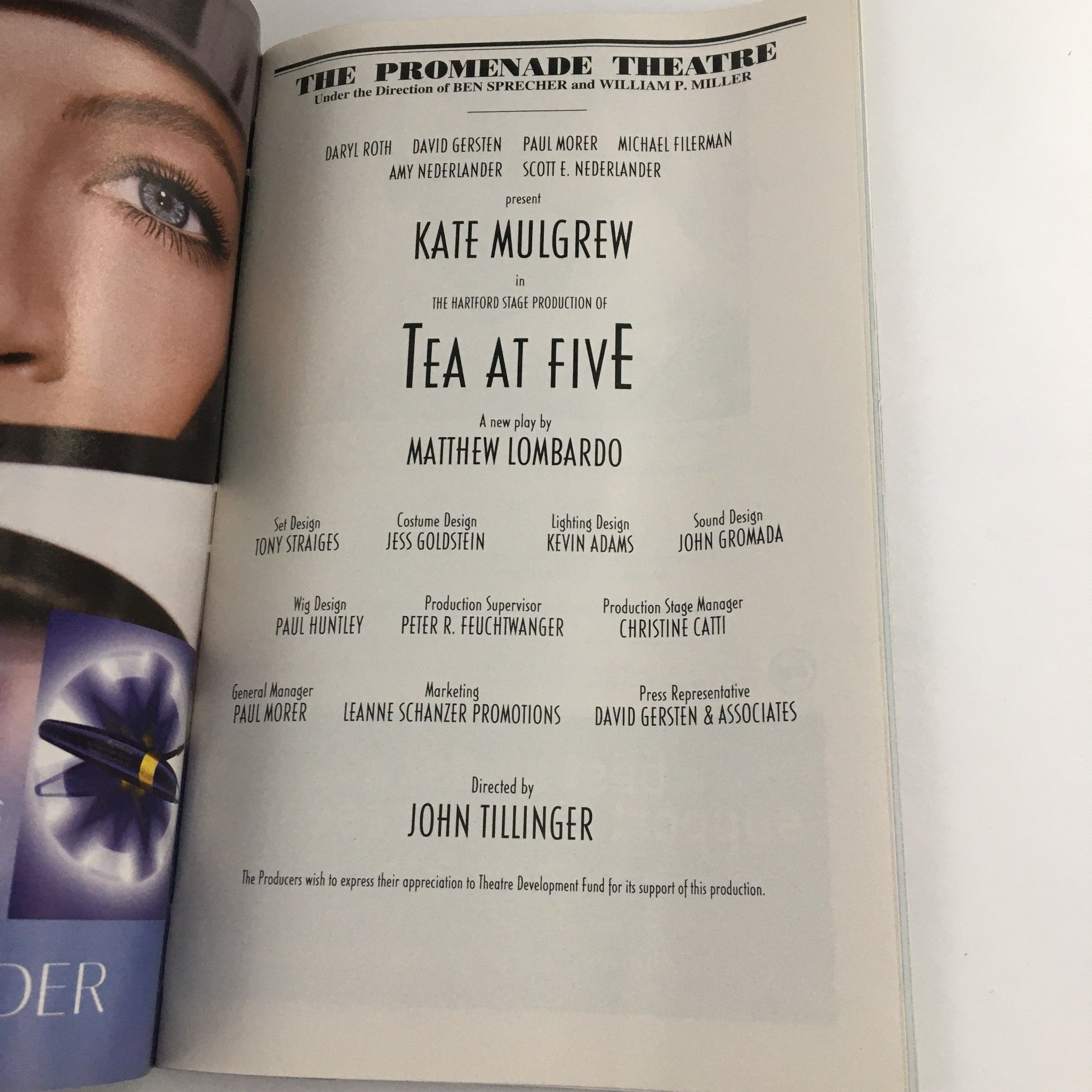 Credits page of the 2003 Playbill for 'Tea at Five' showcasing Kate Mulgrew and cast details.