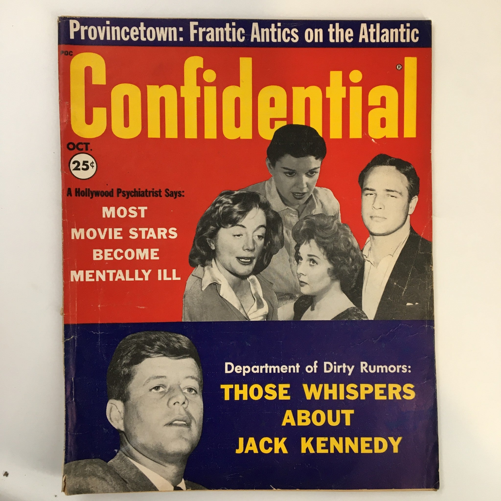 Cover of VTG Confidential Magazine October 1970 featuring whispers about Jack Kennedy, highlighting the intrigue of the era.