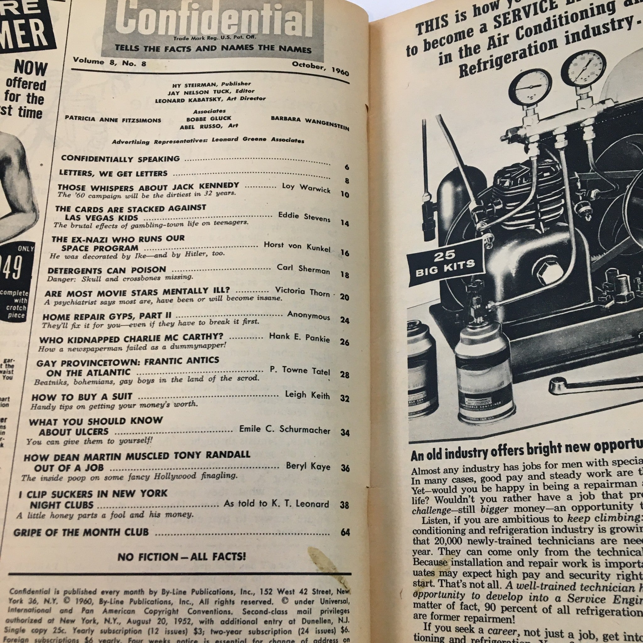 Interior page of VTG Confidential Magazine October 1970 displaying the table of contents with bold headlines including whispers about Jack Kennedy.