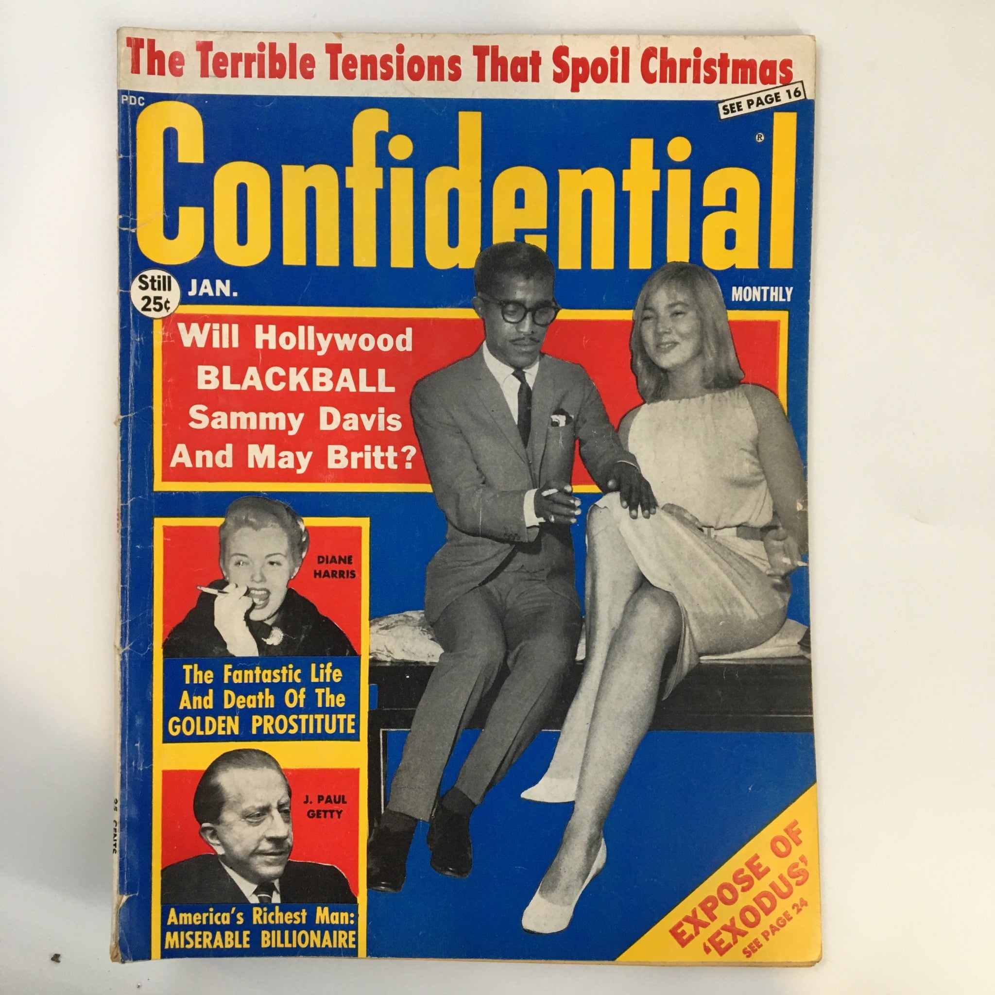 Cover of VTG Confidential Magazine January 1961 featuring Sammy Davis Jr. and May Britt, showcasing headline 'Will Hollywood BLACKBALL Sammy Davis and May Britt?' with vibrant blue and yellow design.