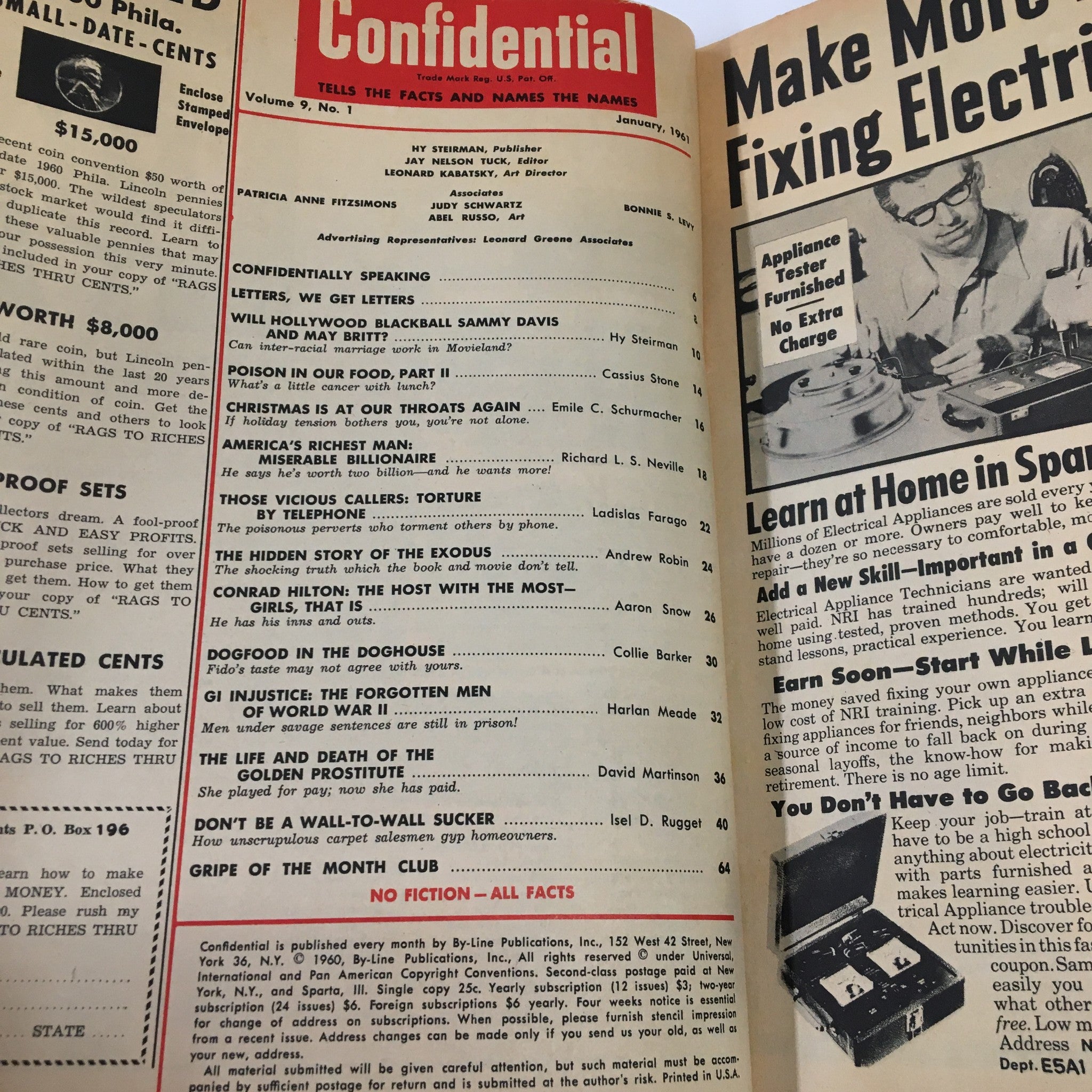 Interior page of VTG Confidential Magazine January 1961, listing articles including 'Will Hollywood BLACKBALL Sammy Davis?' and details about celebrity stories from the era.