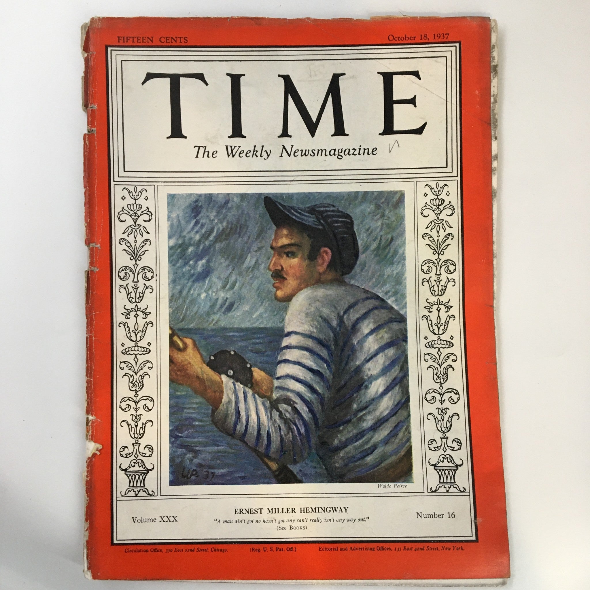 VTG Time Magazine October 18 1937 Vol. XXX No. 16 Ernest Miller Hemingway