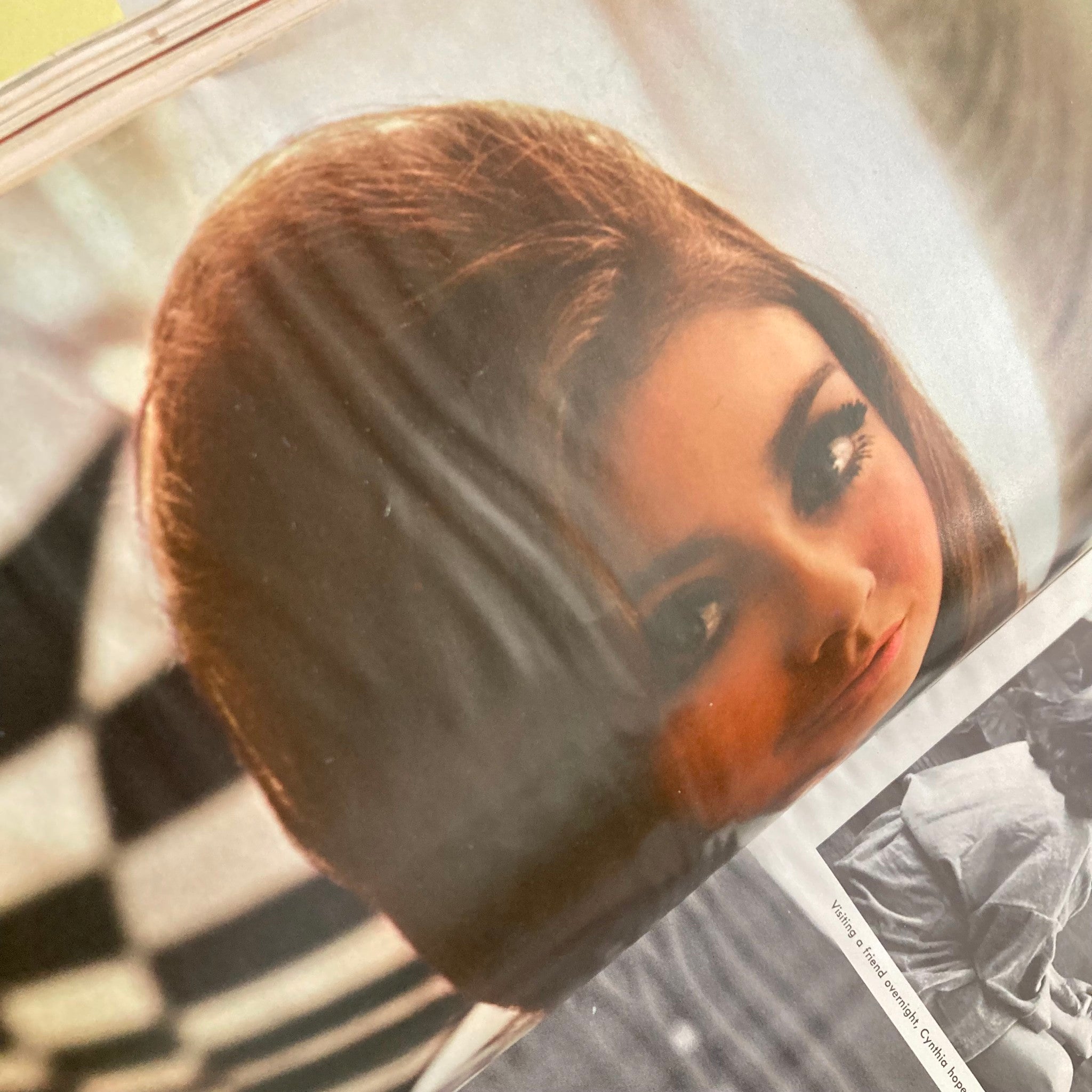Interior page of VTG Playboy Magazine December 1968 depicting a close-up of Playmate Cynthia Myers, highlighting her iconic beauty and style of the era.