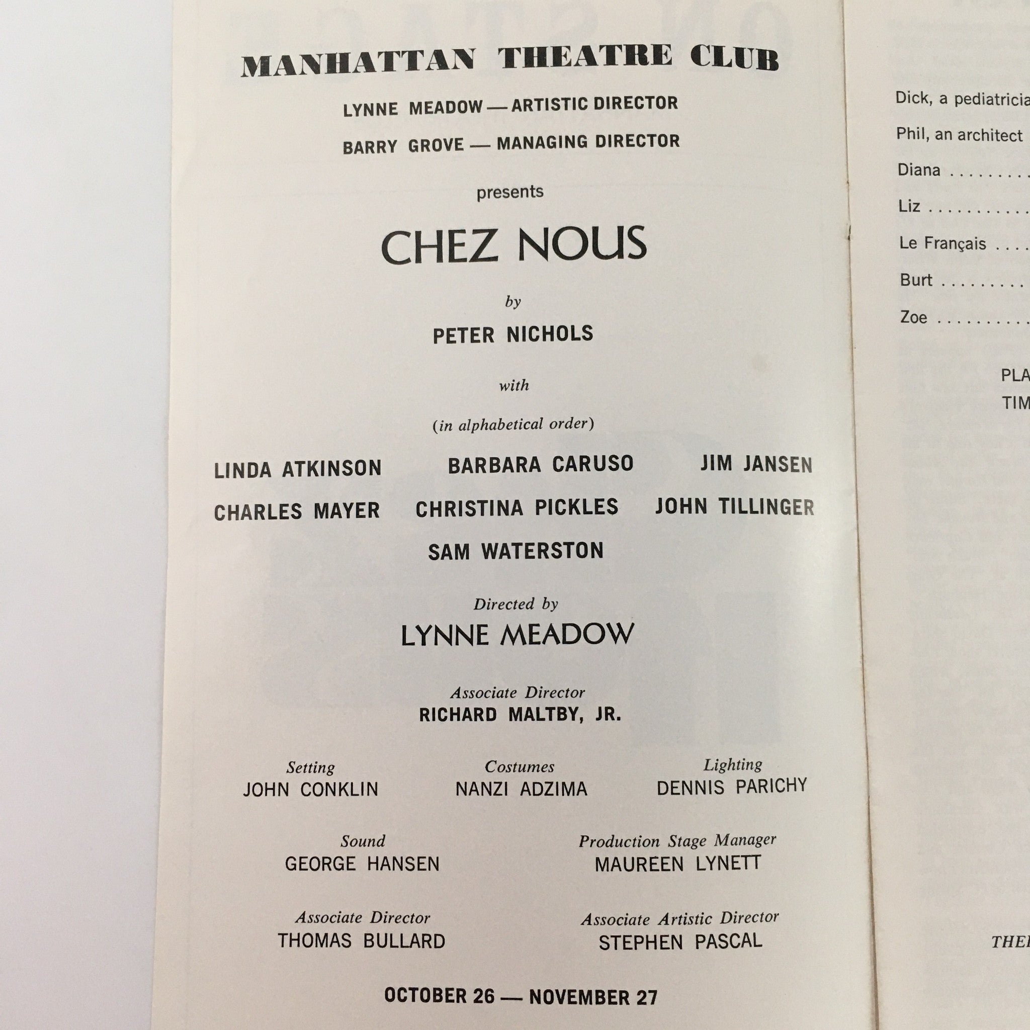 1977 On Stage Manhattan Theatre Club 'Chez Nous' by Peter Nichols, Lynne Meadow