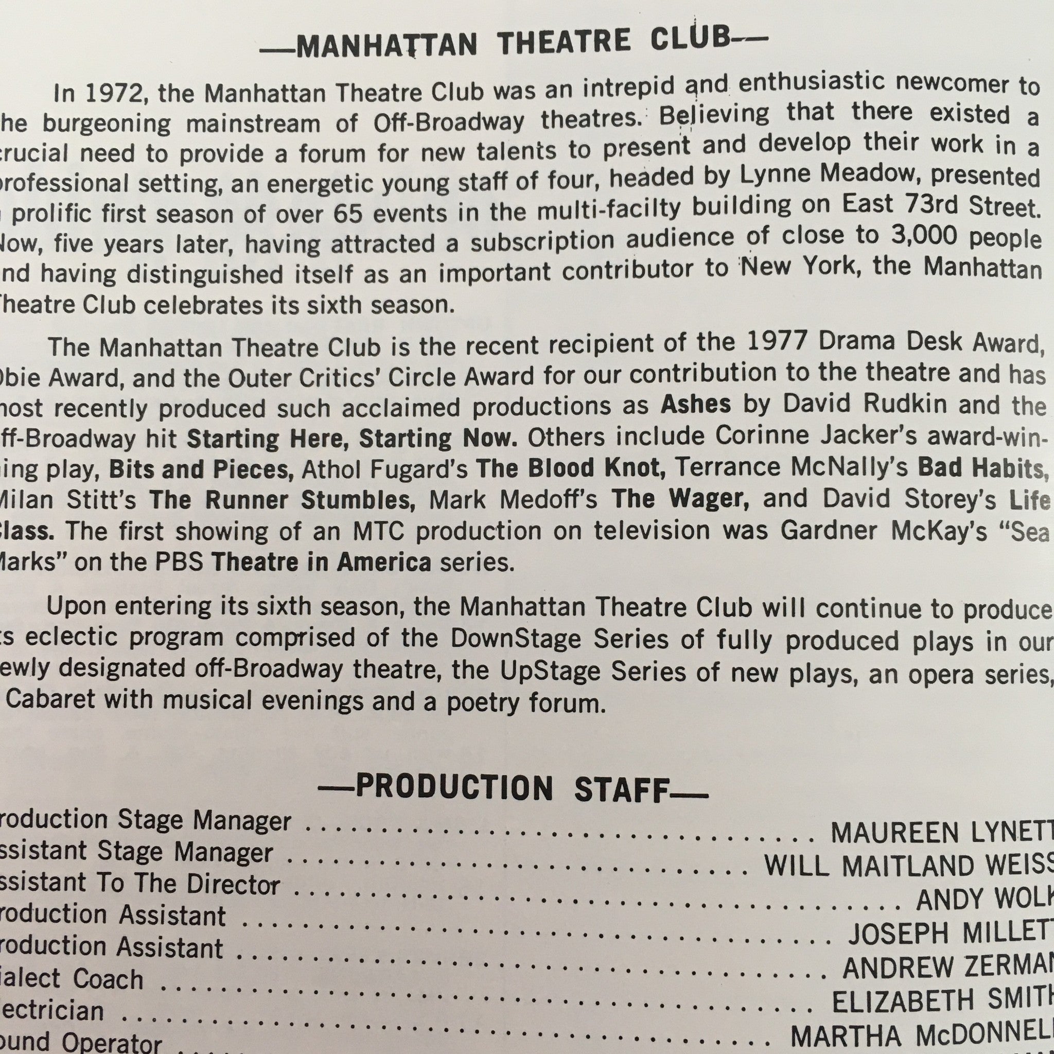 1977 On Stage Manhattan Theatre Club 'Chez Nous' by Peter Nichols, Lynne Meadow