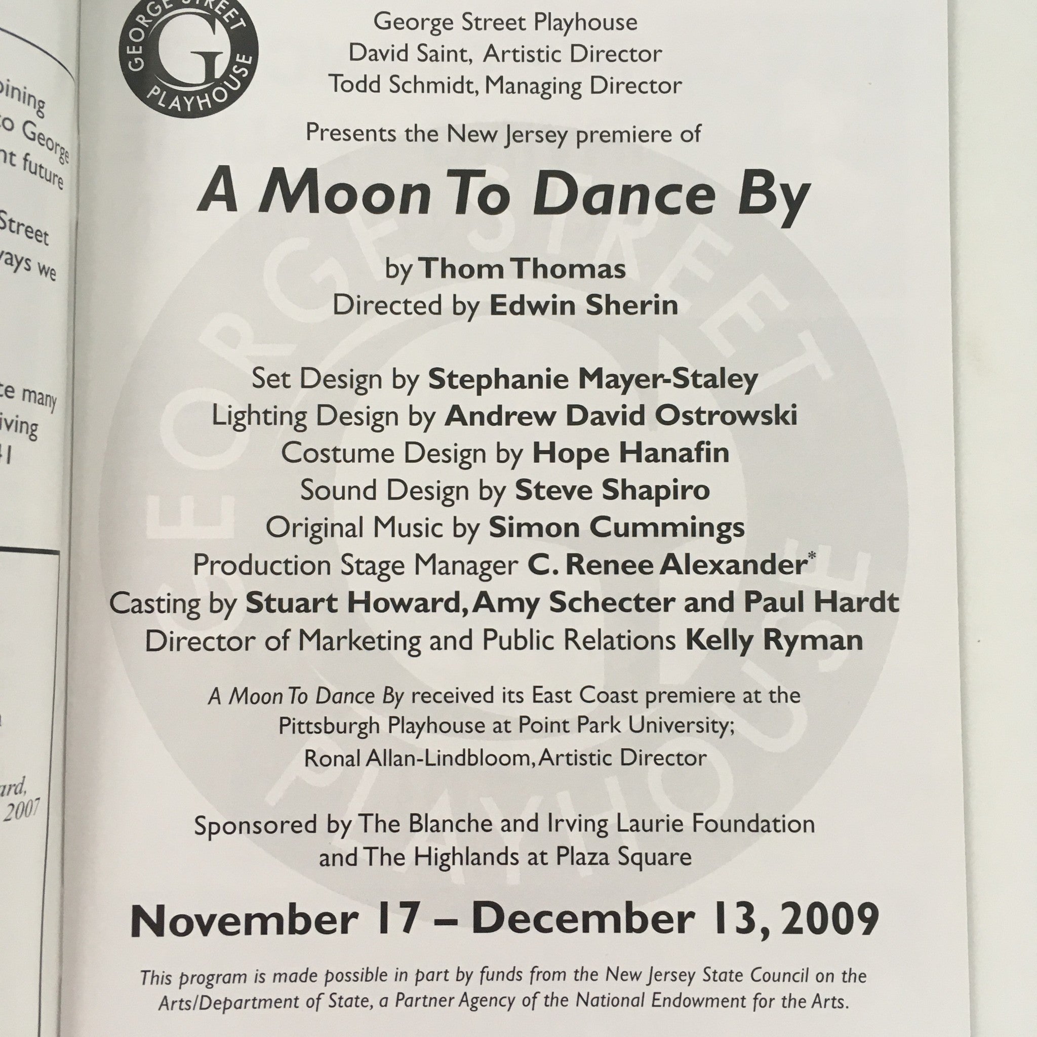 2009 George Street Playhouse Premiere of 'A Moon To Dance By' by Thom Thomas