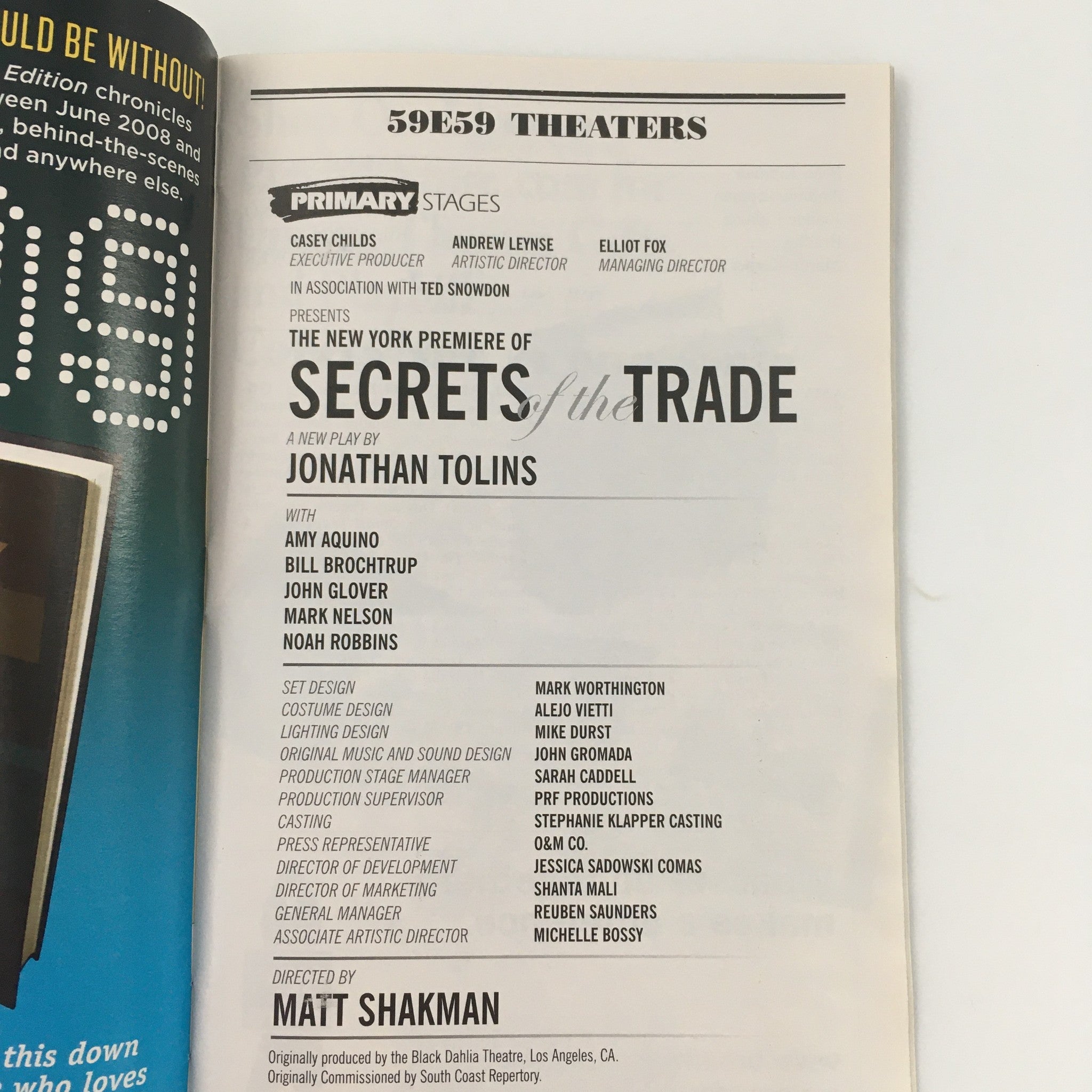 2010 Playbill Primary Stages 59E59 Theater Secrets of the Trade, Jonathan Tolins