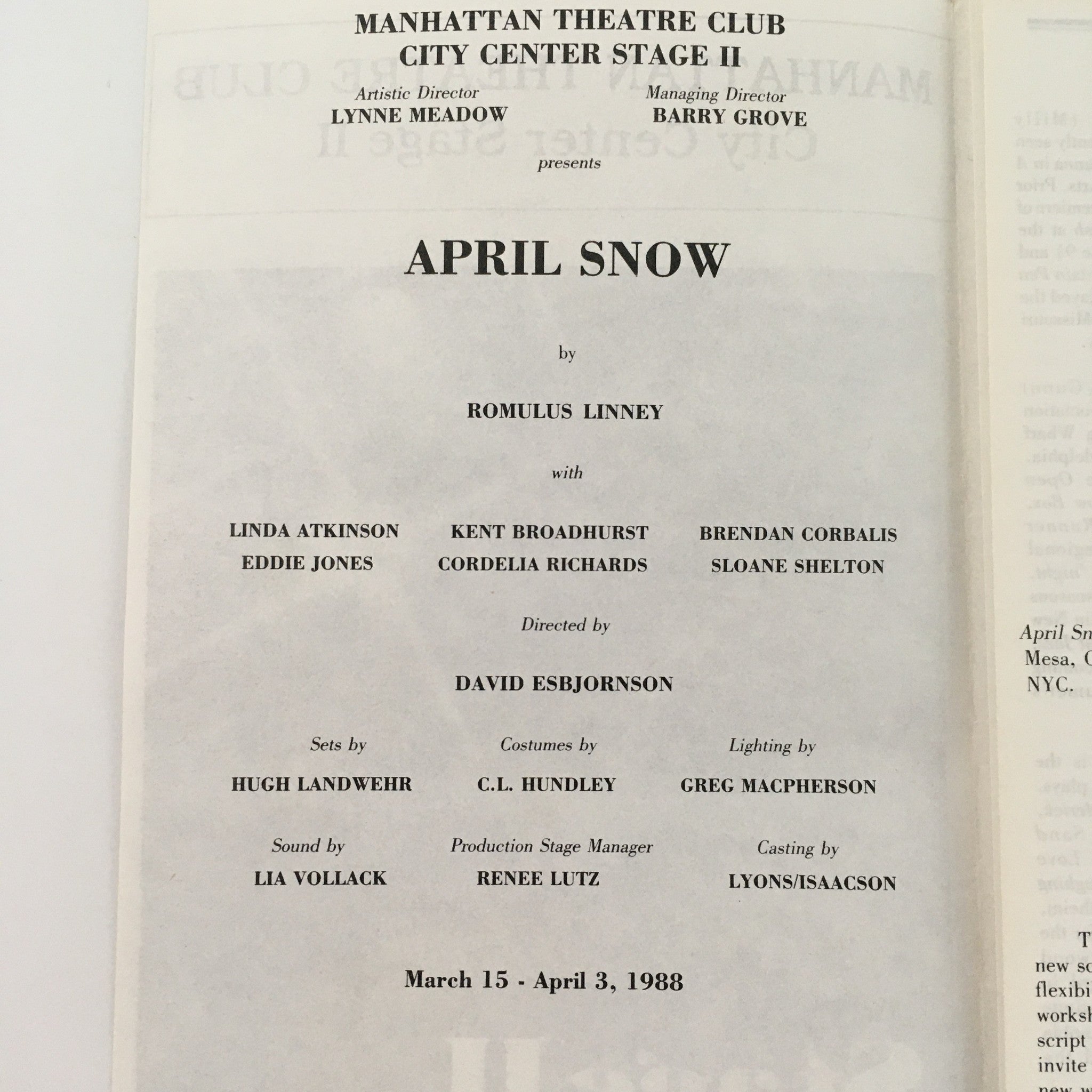 1988 Manhattan Theatre Club Stage II ‘April Snow’ by Romulus Linney