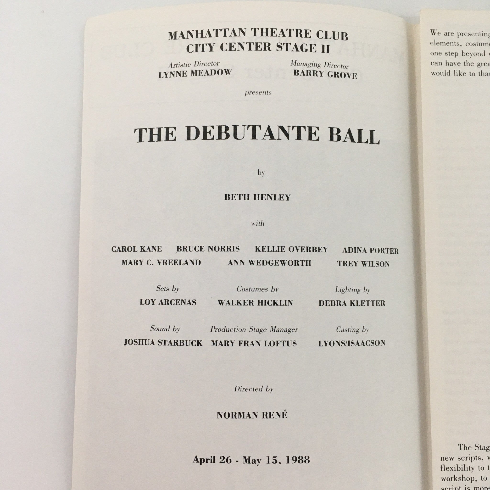 1988 Manhattan Theatre Club Stage II ‘The Debutante Ball’ by Beth Henley