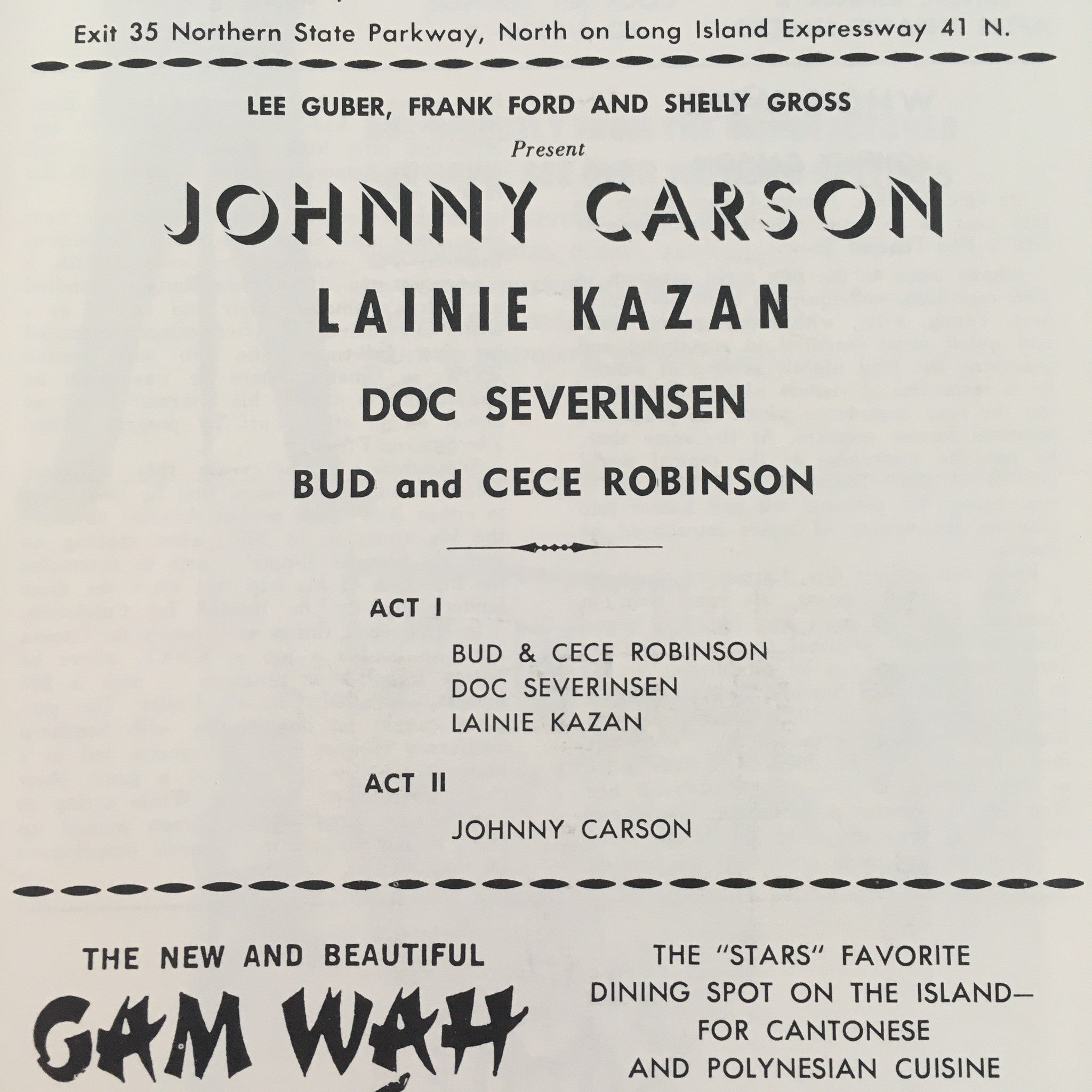 1966 Westbury Music Fair Present Johnny Carson, Lainie Kazan and Cece Robinson