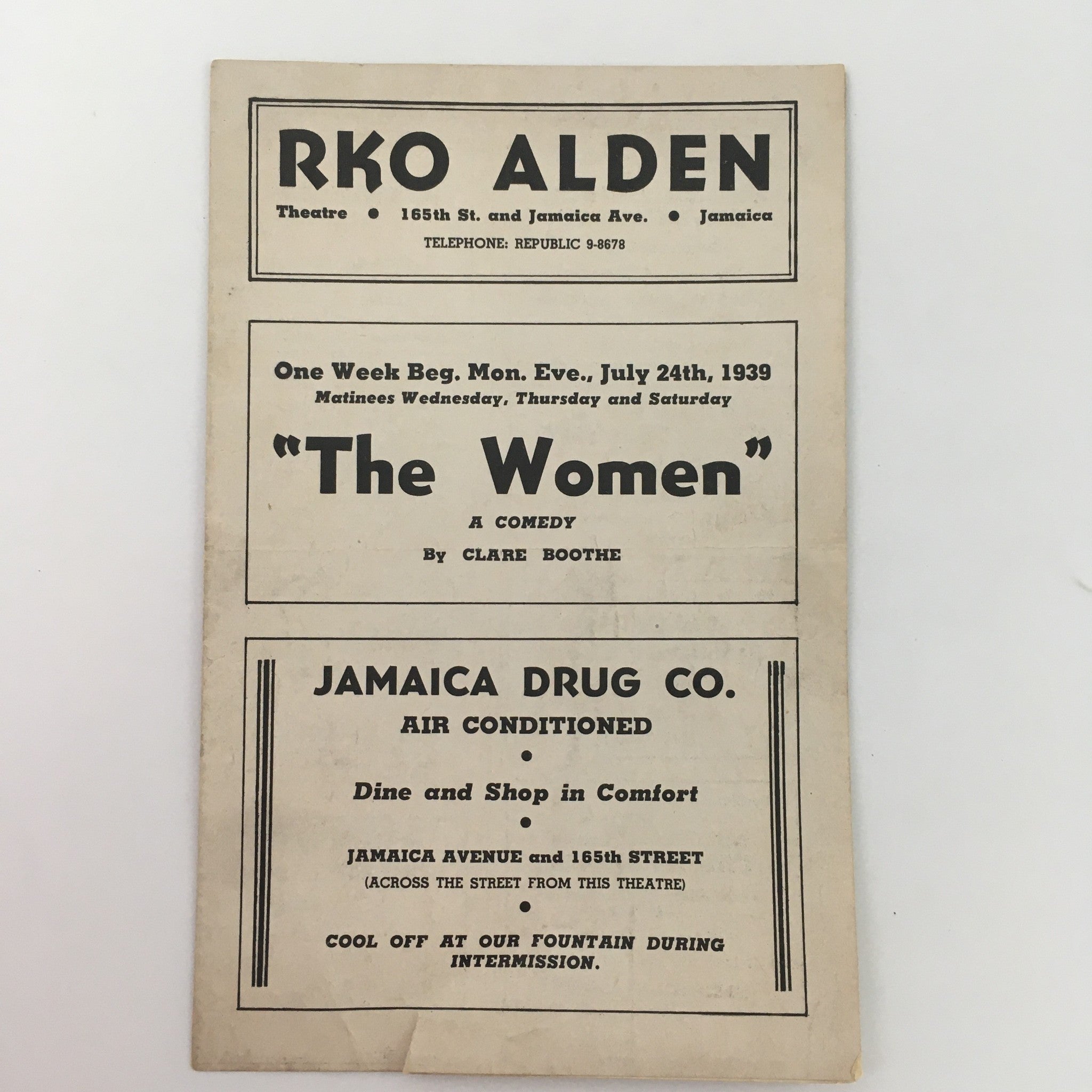 1939 RKO Alden Theatre 'The Women' A Comedy by Clare Boothe