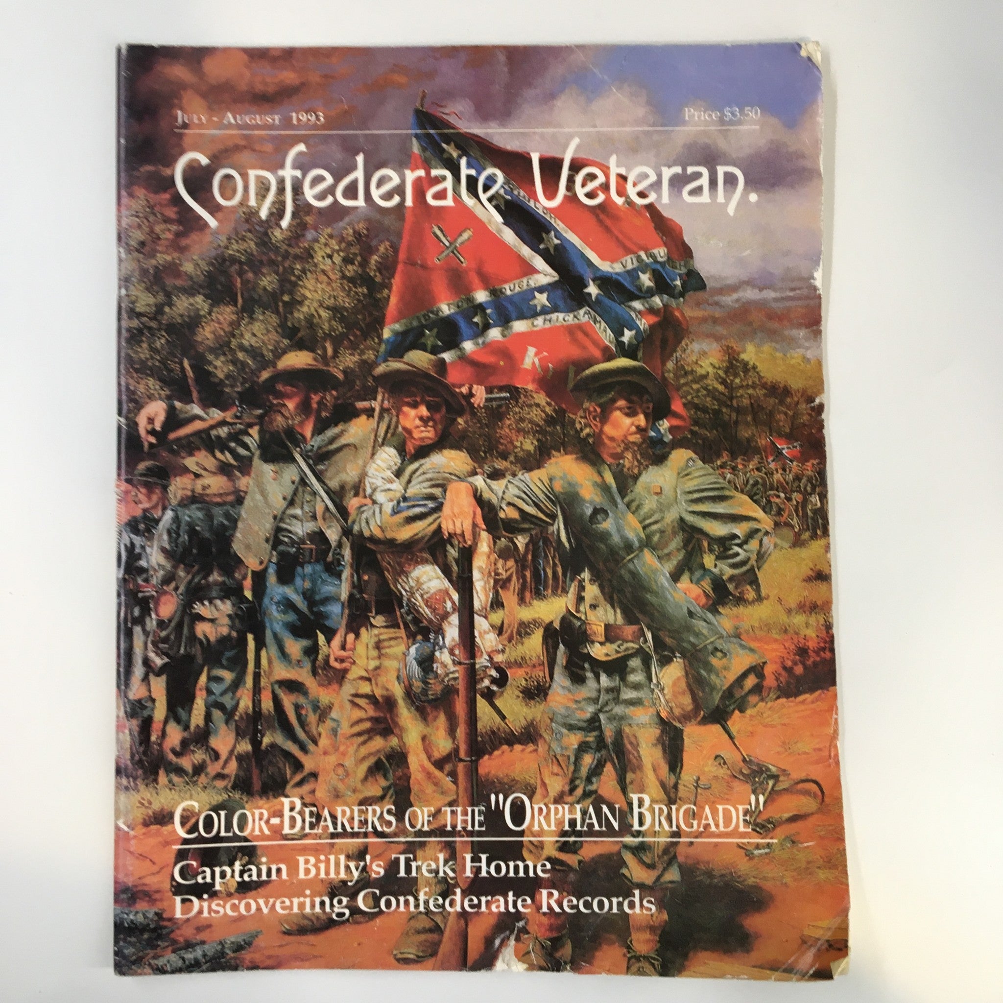 Cover of the Confederate Veteran Magazine July 1993 featuring Color-Bearers of the Orphan Brigade with a historical illustration of soldiers and a Confederate flag.