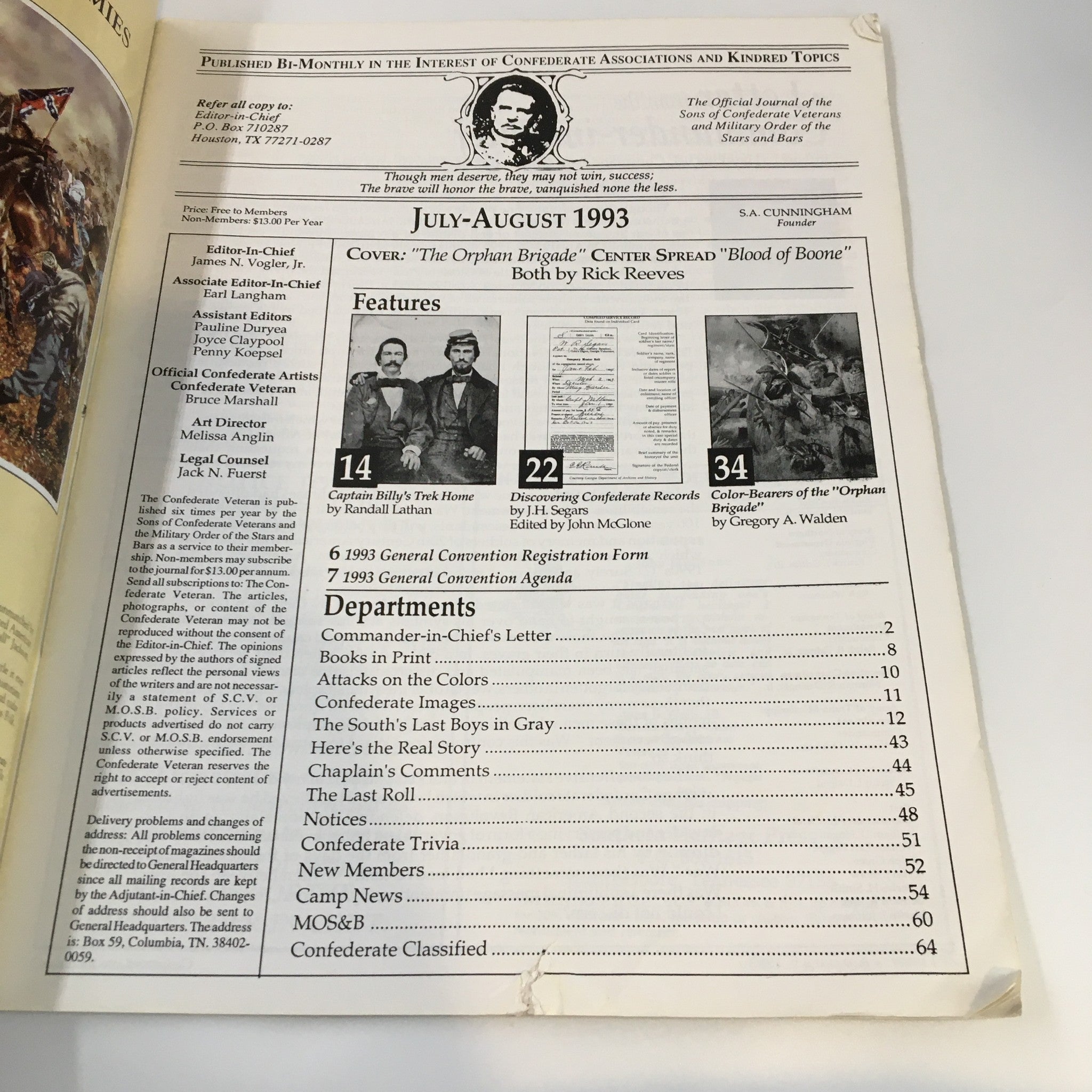 Table of contents for the July 1993 edition of Confederate Veteran Magazine, featuring articles including 'Color-Bearers of the Orphan Brigade', along with editorial details.