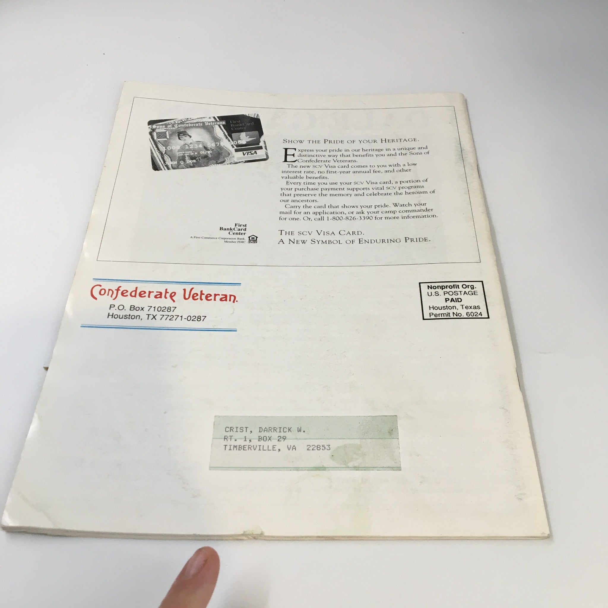 Back cover of the July 1993 edition of Confederate Veteran Magazine, showcasing the publisher's address along with promotional content.