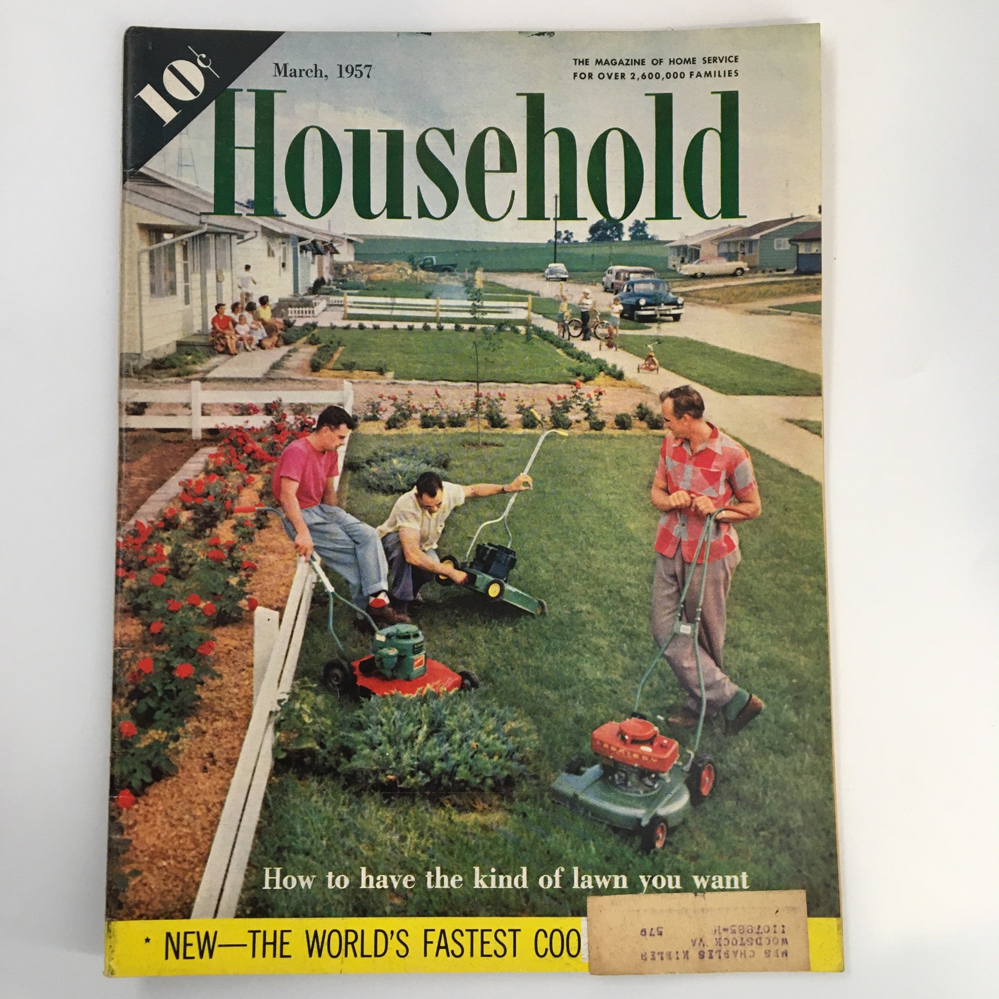 Cover of VTG Household Magazine March 1957 featuring a colorful scene of men mowing lawns with vintage lawnmowers. The issue emphasizes tips on achieving the kind of lawn you want.