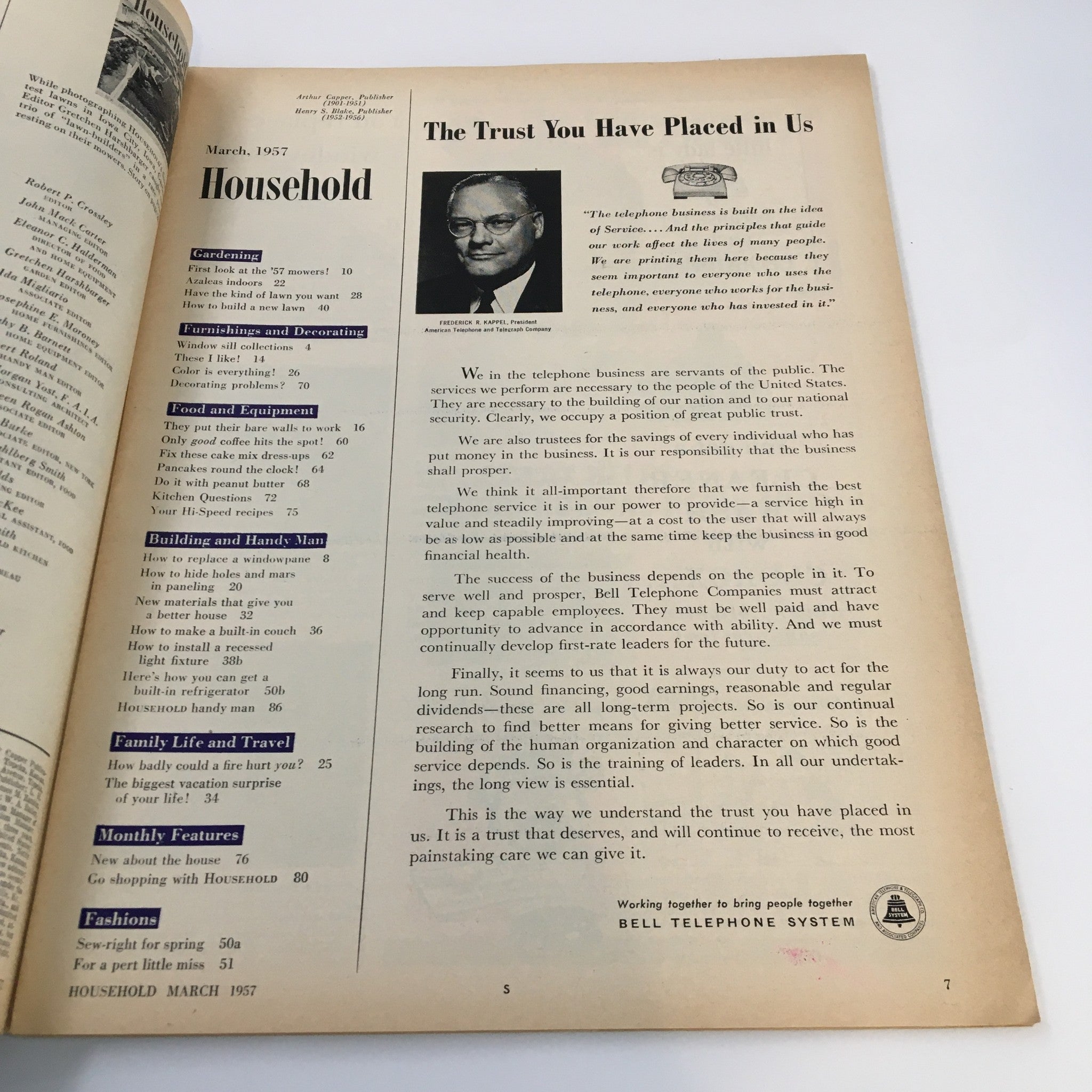 Interior page of VTG Household Magazine March 1957 showcasing an article titled 'The Trust You Have Placed in Us,' with a focus on gardening and home service topics, highlighting vintage domestic life and popular advice from the era.