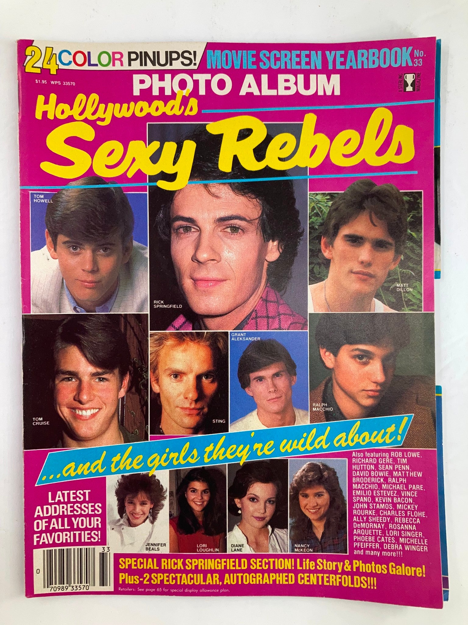 Cover of VTG Hollywood's Sexy Rebels Yearbook 1984 #33 showcasing iconic stars including Tom Howell and Tom Cruise, vibrant pink design with promotional details.